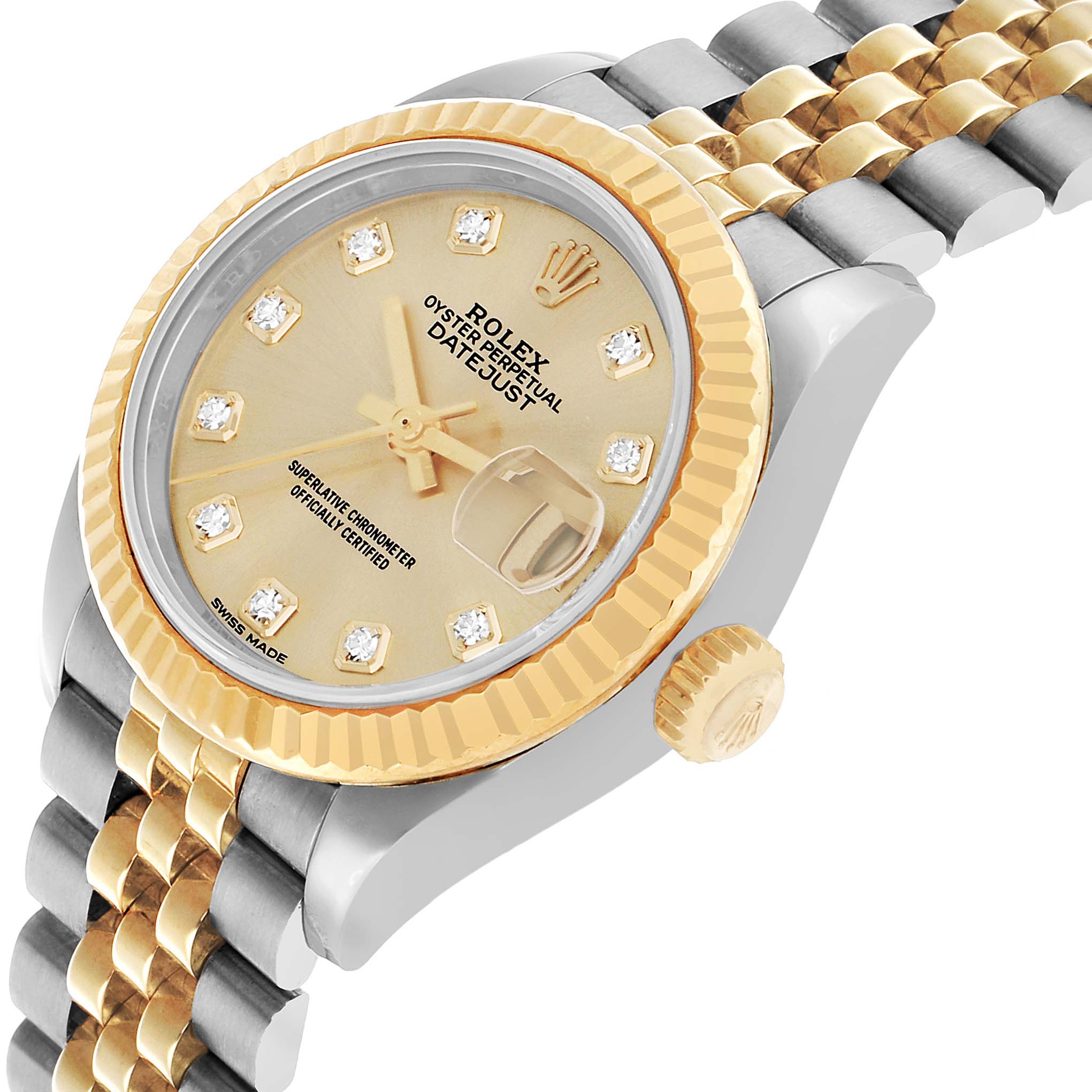 The image shows a Rolex Datejust 279173 Women's Stainless Steel Champagne Dial watch from an angled view, highlighting the gold bezel, crown, and part of the bracelet.