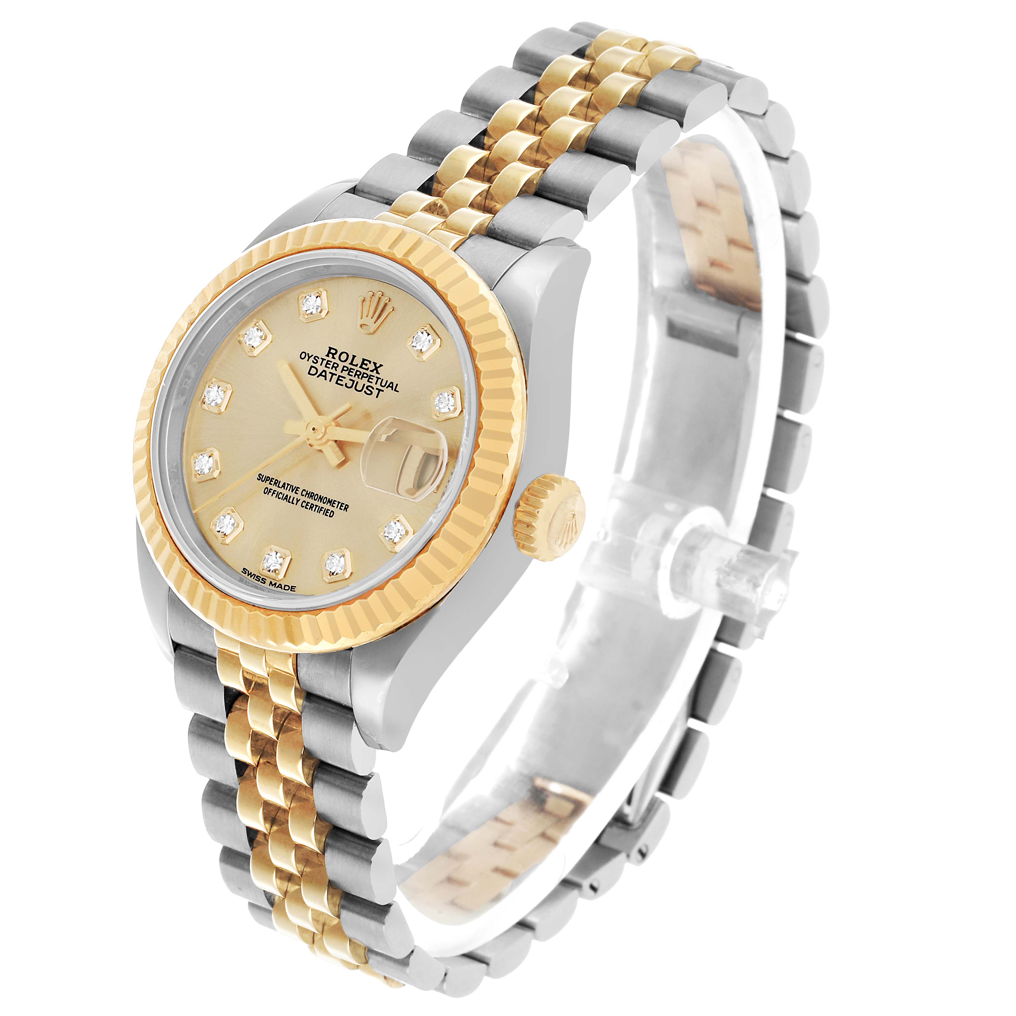 The Rolex Datejust 279173 Women's Stainless Steel Champagne Dial watch is shown at a three-quarter angle, highlighting its bezel, dial, and two-tone bracelet.