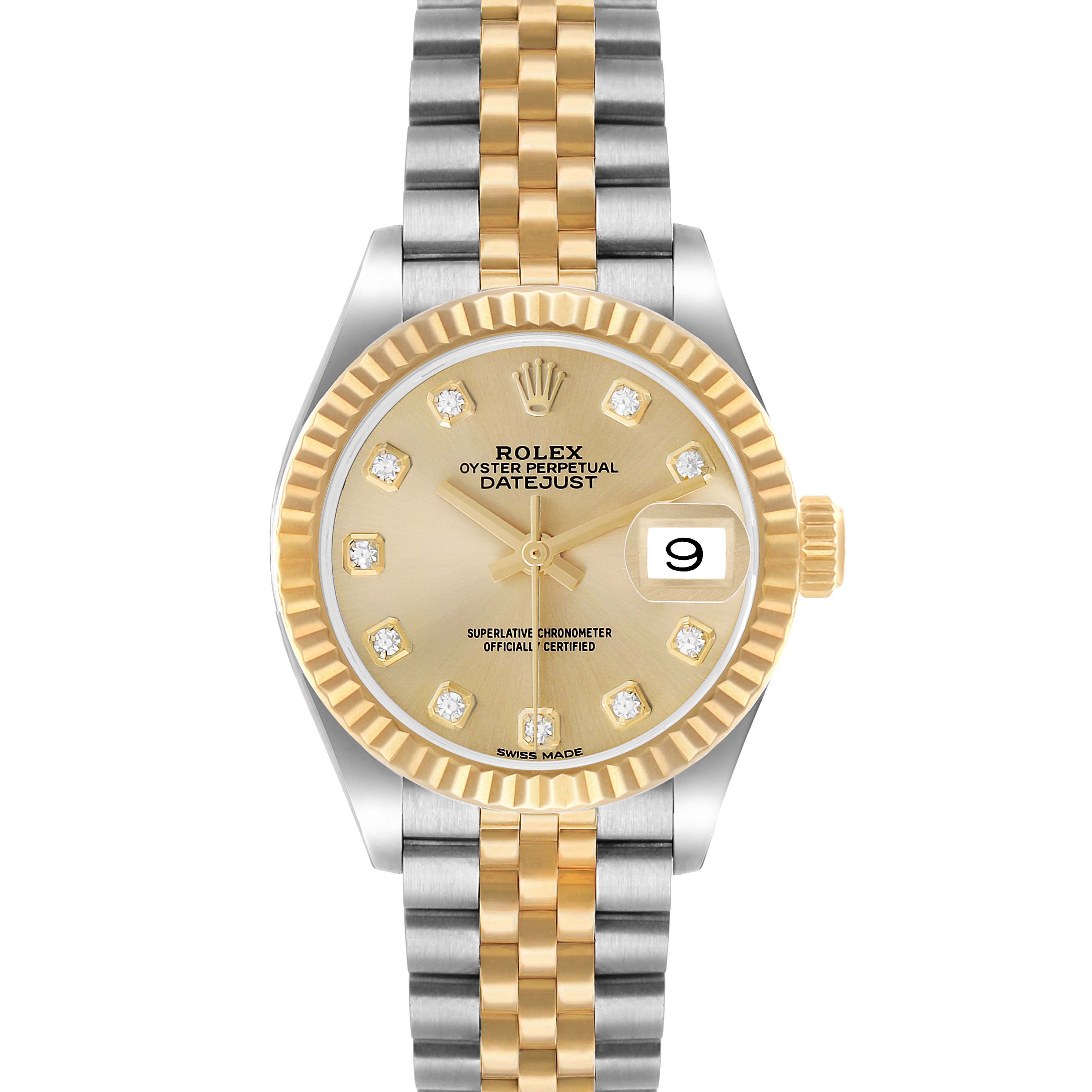 The Rolex Datejust 279173 Women's Stainless Steel Champagne Dial watch is shown from a front view, highlighting its gold and silver bracelet, champagne dial, and fluted bezel.