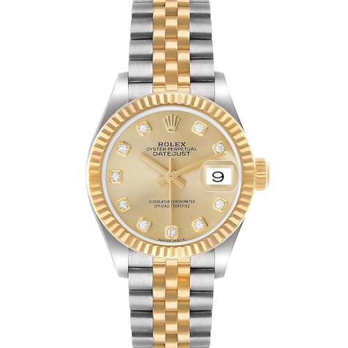 The Rolex Datejust 279173 Women's Stainless Steel Champagne Dial watch is shown from a front angle, highlighting the dial, bracelet, and crown.