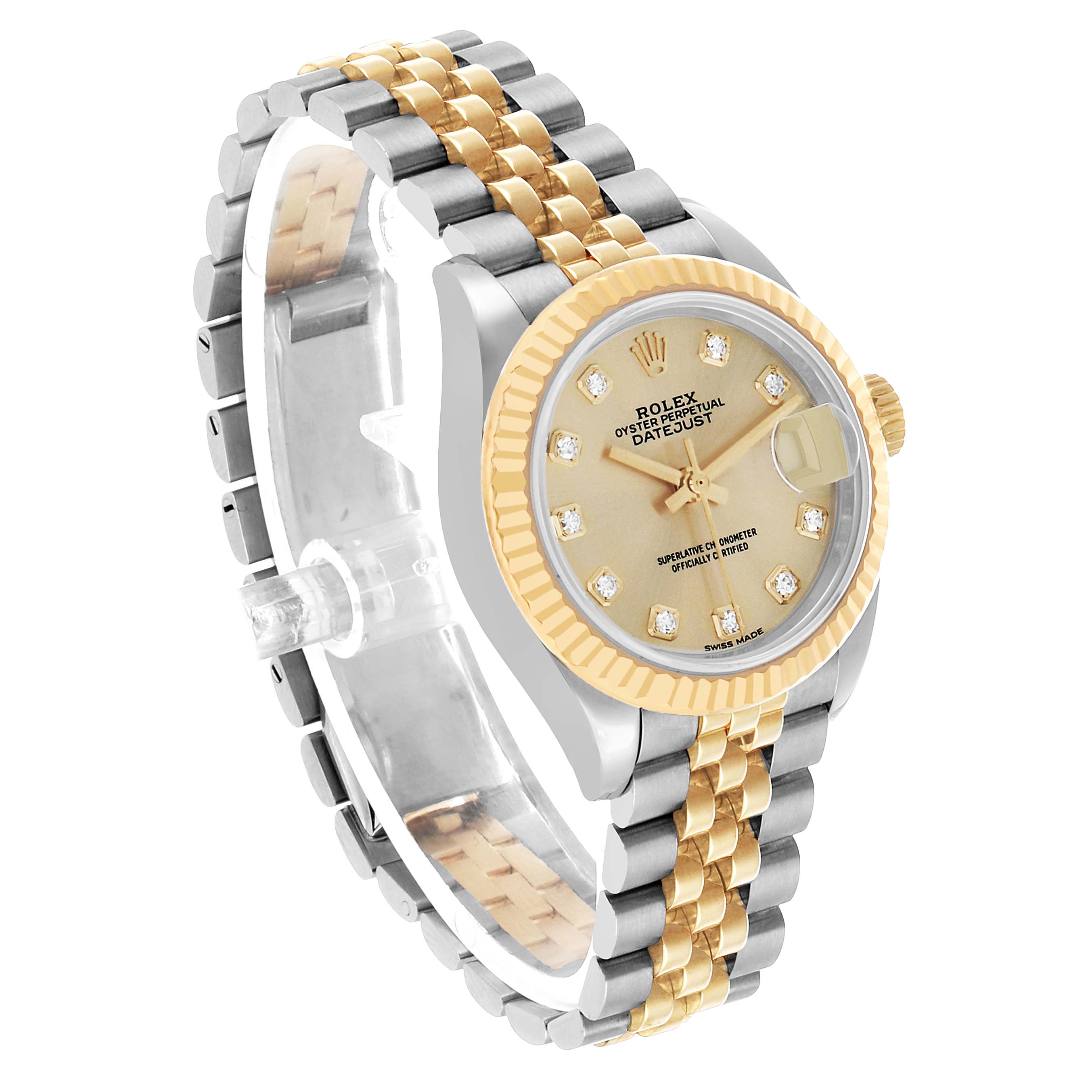 The Rolex Datejust 279173 Women's Stainless Steel Champagne Dial watch is shown at an angled side view, displaying the dial, bezel, and two-tone Jubilee bracelet.