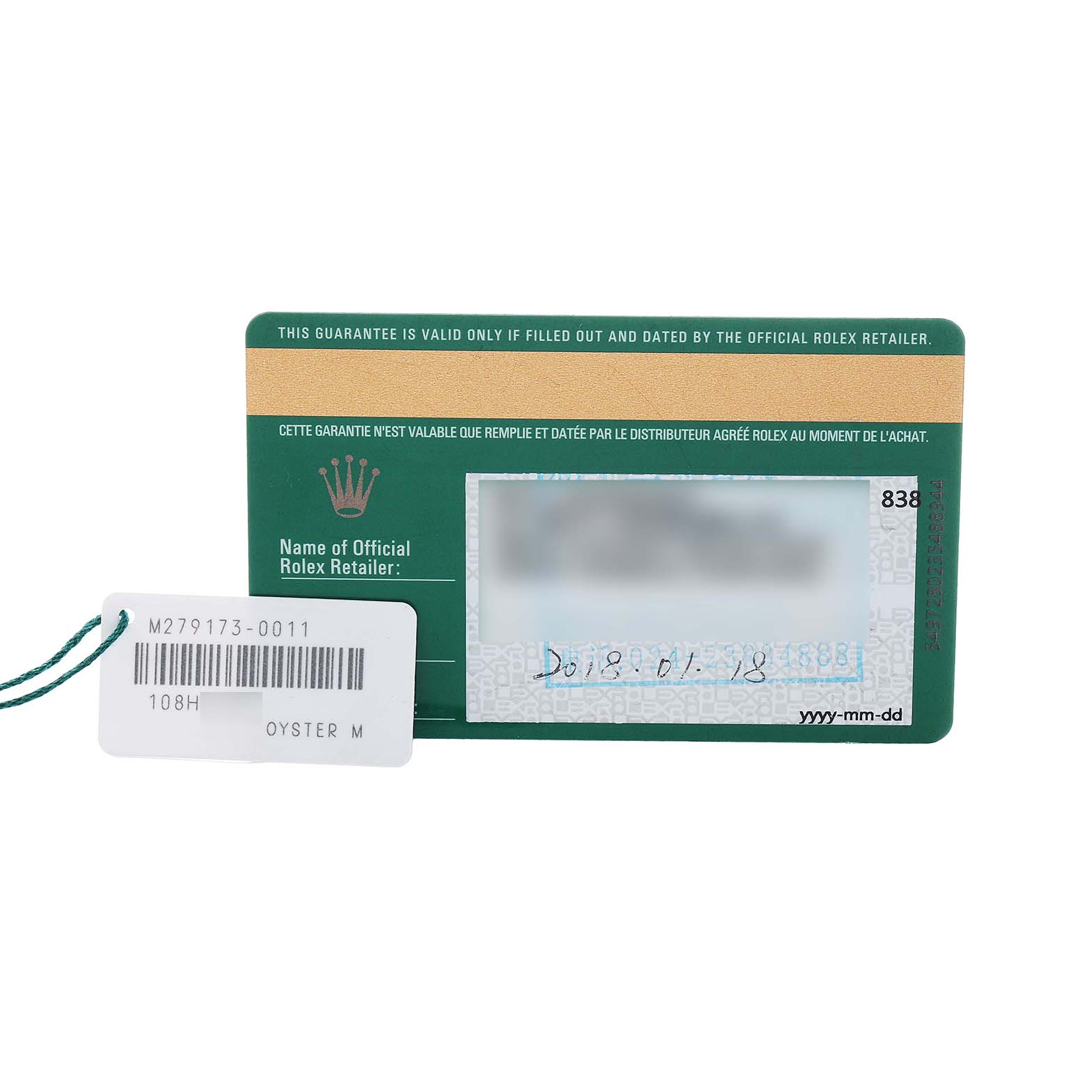 The image shows a warranty card and tag for a Rolex Datejust 279173 Women's Steel and Gold (two tone) Champagne Dial, displaying model and serial numbers.