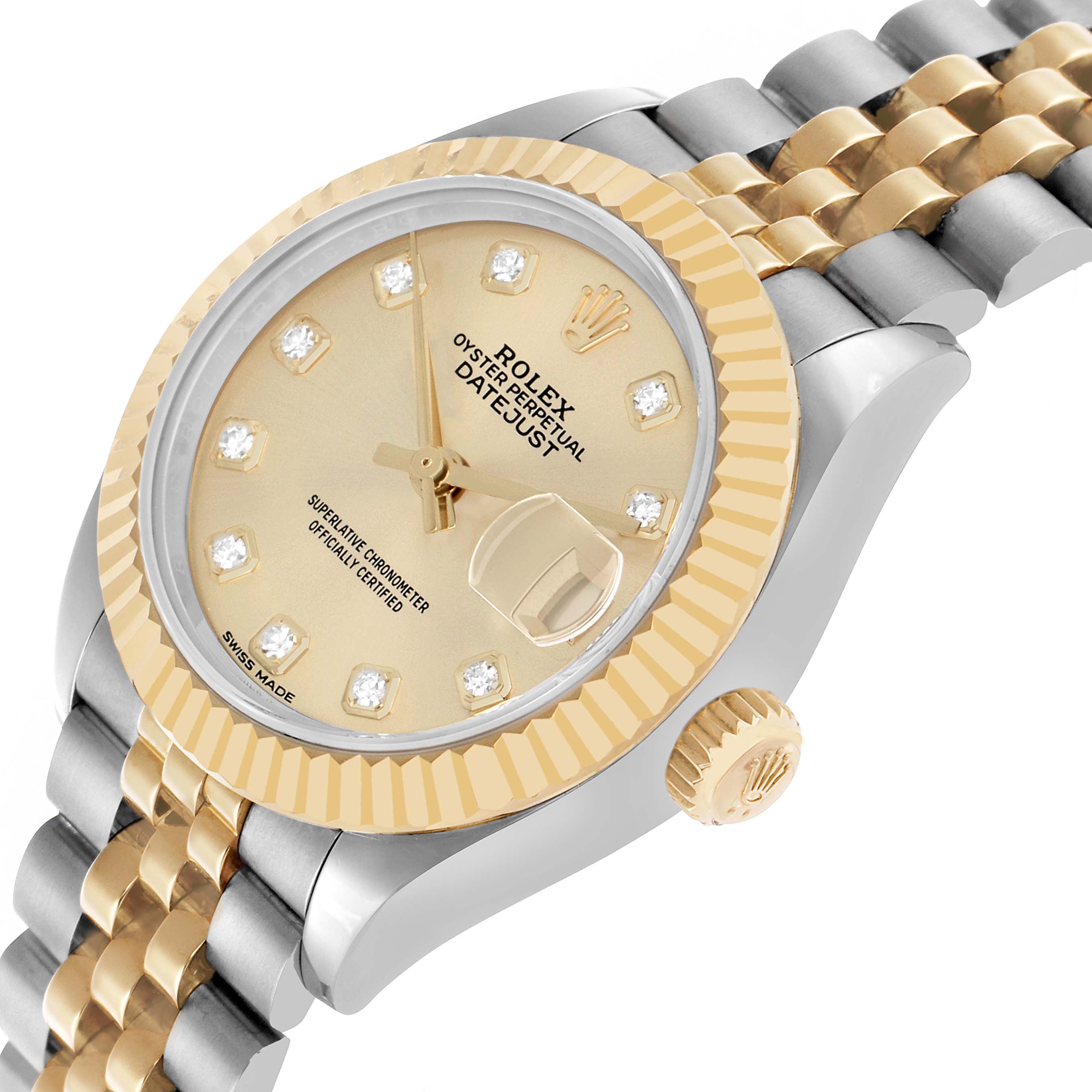 The Rolex Datejust 279173 Women's Steel and Gold (two tone) Champagne Dial watch is shown at an angle highlighting the dial, fluted bezel, bracelet, and crown.