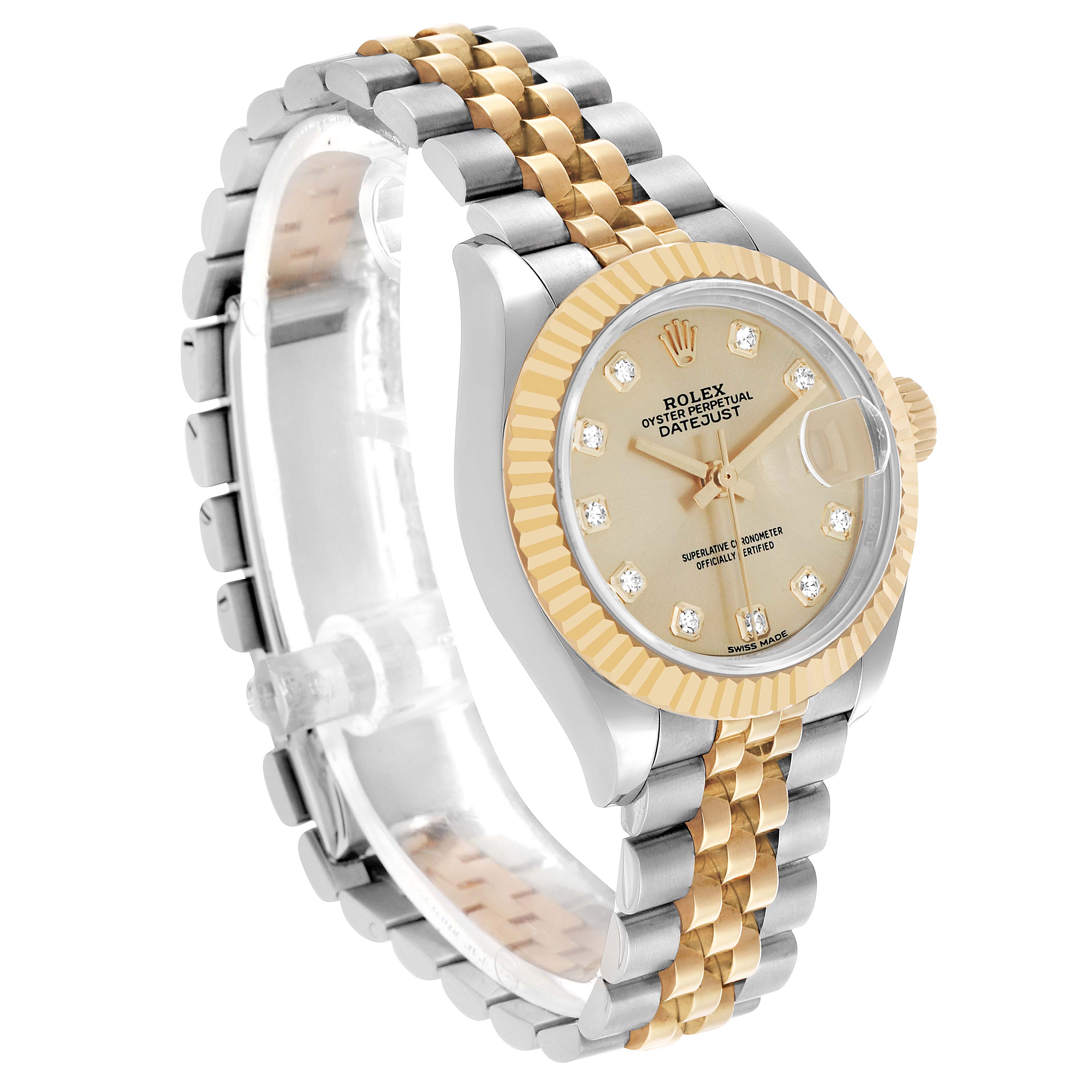 The Rolex Datejust 279173 Women's Steel and Gold (two tone) Champagne Dial watch is shown at a slight angle, highlighting its face, bezel, and two-tone Jubilee bracelet.