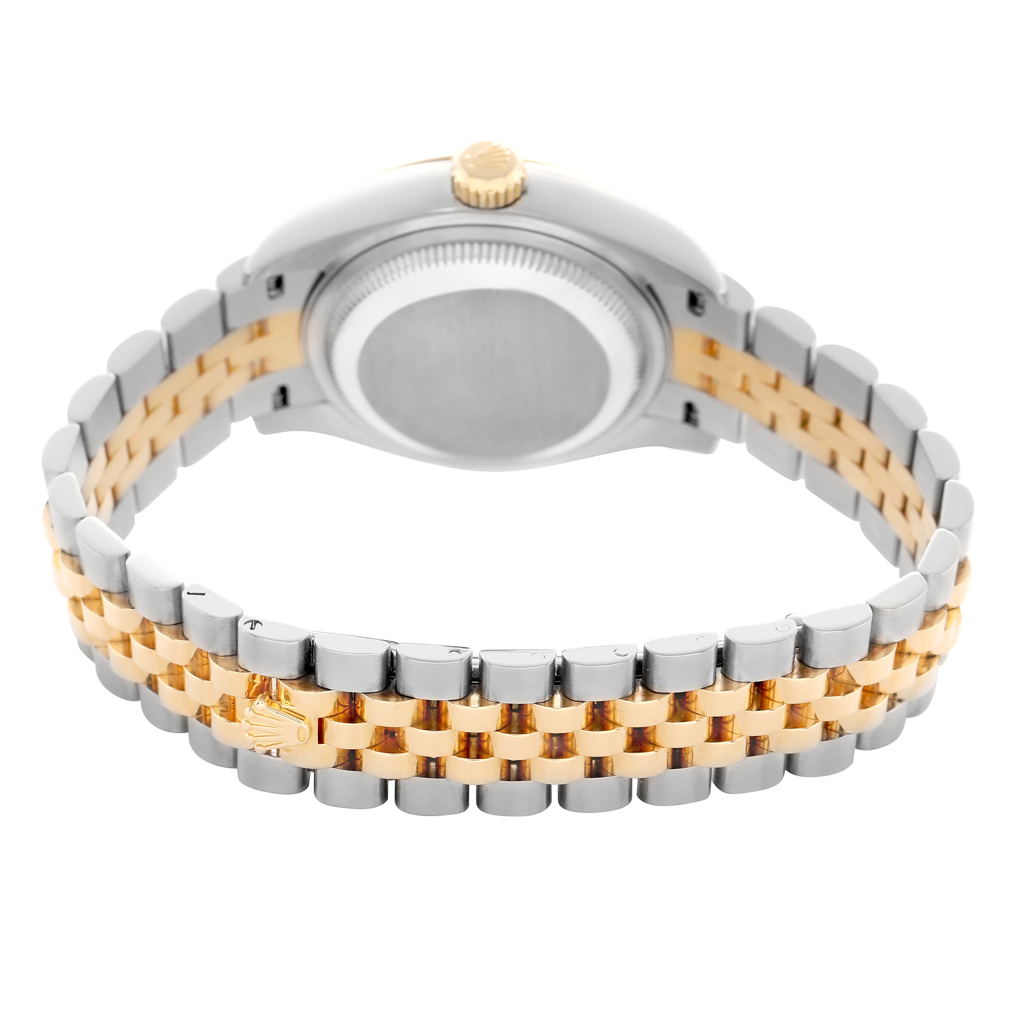 The image shows the back view of a Rolex Datejust 279173 Women's Steel and Gold (two tone) Champagne Dial, focusing on the case and two-tone Jubilee bracelet.