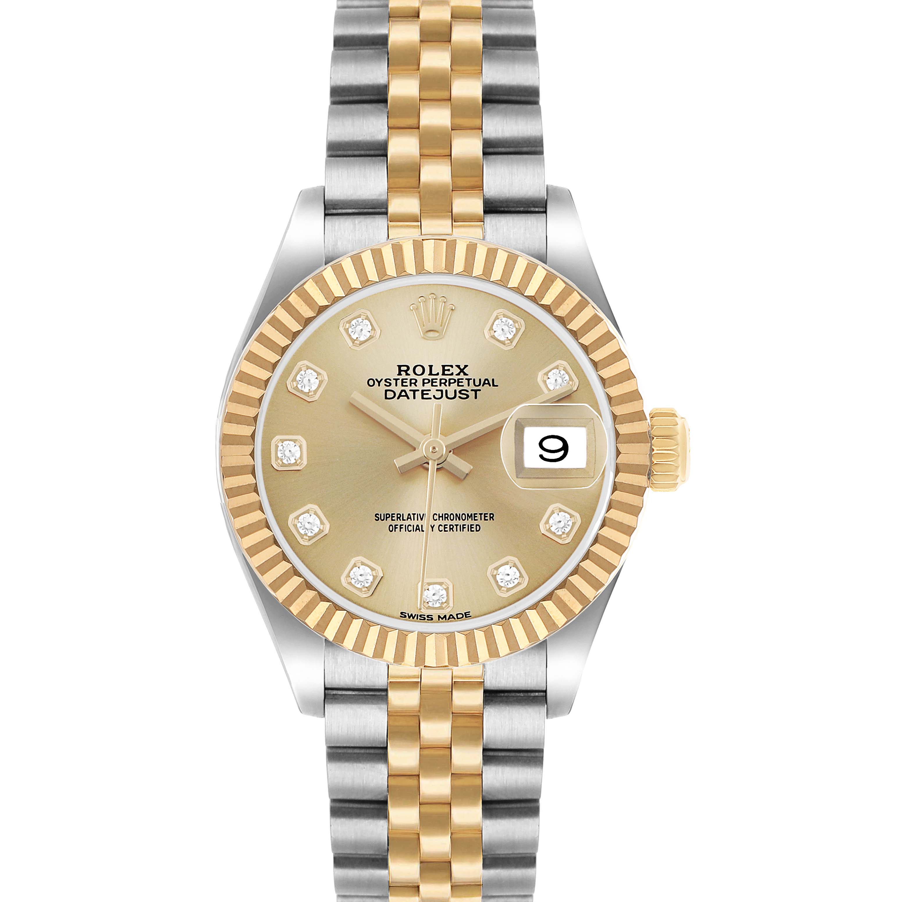 The Rolex Datejust 279173 Women's Steel and Gold (two tone) Champagne Dial watch is shown from a top-down angle, highlighting its face, bezel, and part of the bracelet.