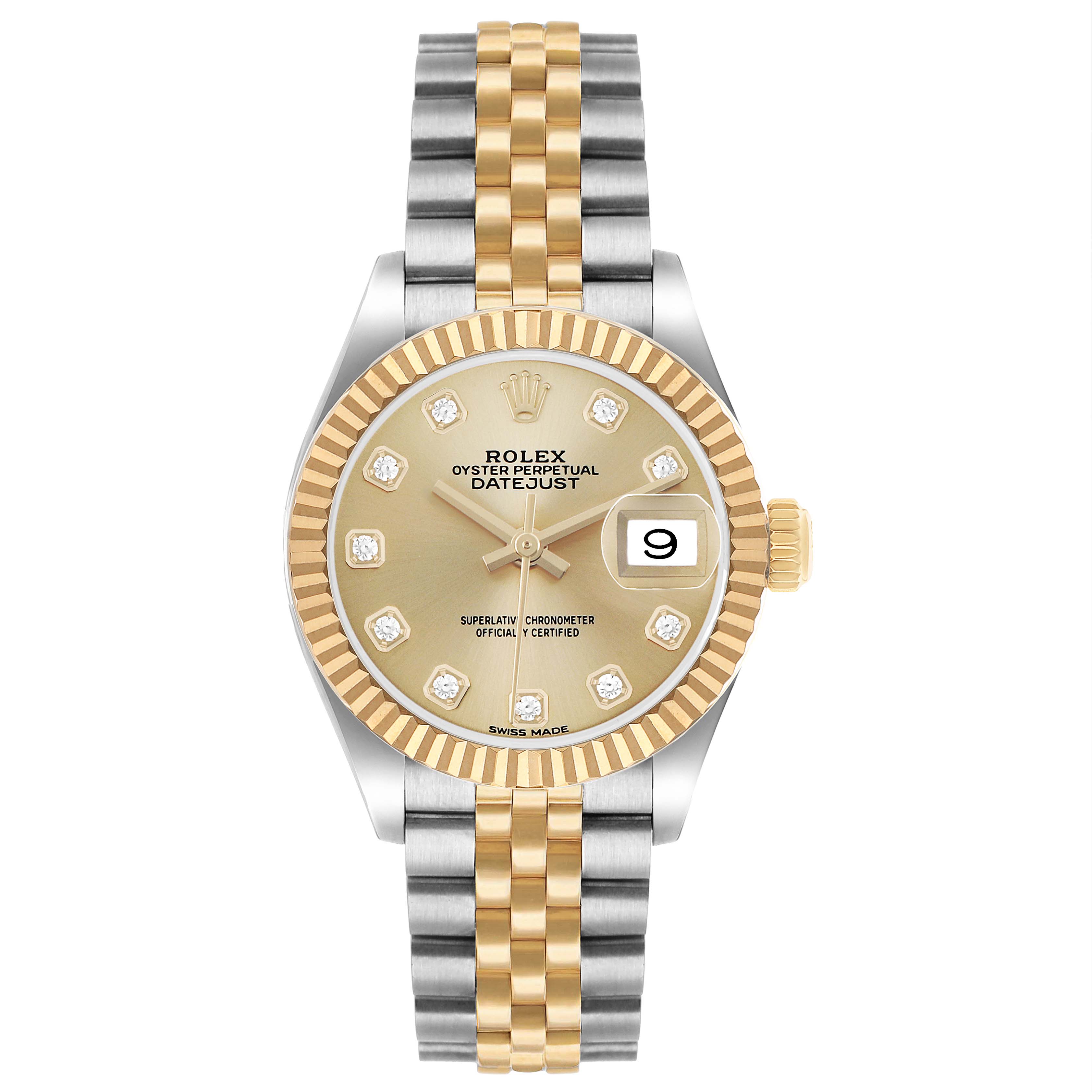 The Rolex Datejust 279173 Women's Steel and Gold (two tone) Champagne Dial watch is shown from a top-down angle, displaying the face, bezel, crown, and bracelet.
