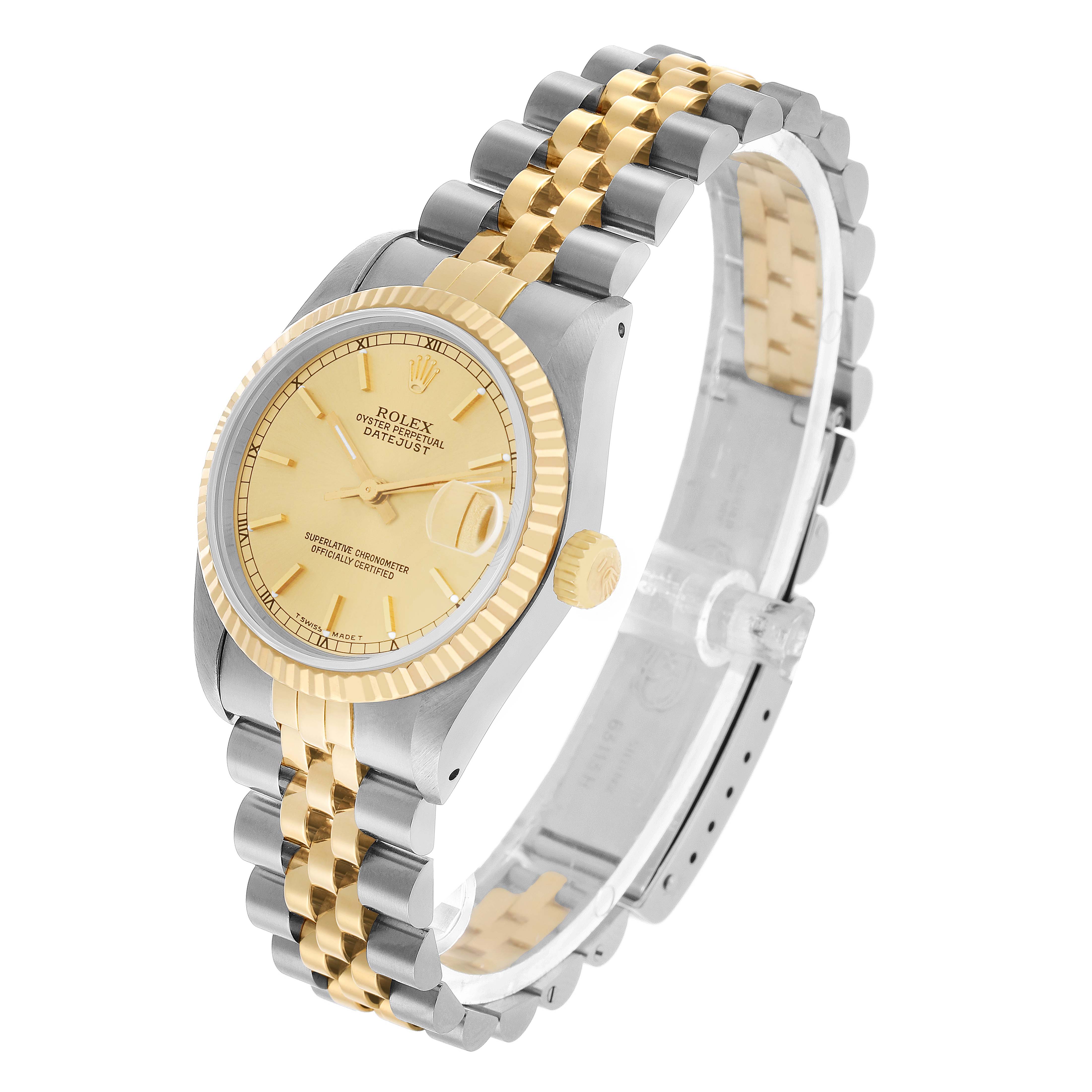 The Rolex Datejust 68273 Women's Stainless Steel Champagne Dial watch is shown at an angled side view highlighting the dial, bezel, crown, and two-tone bracelet.
