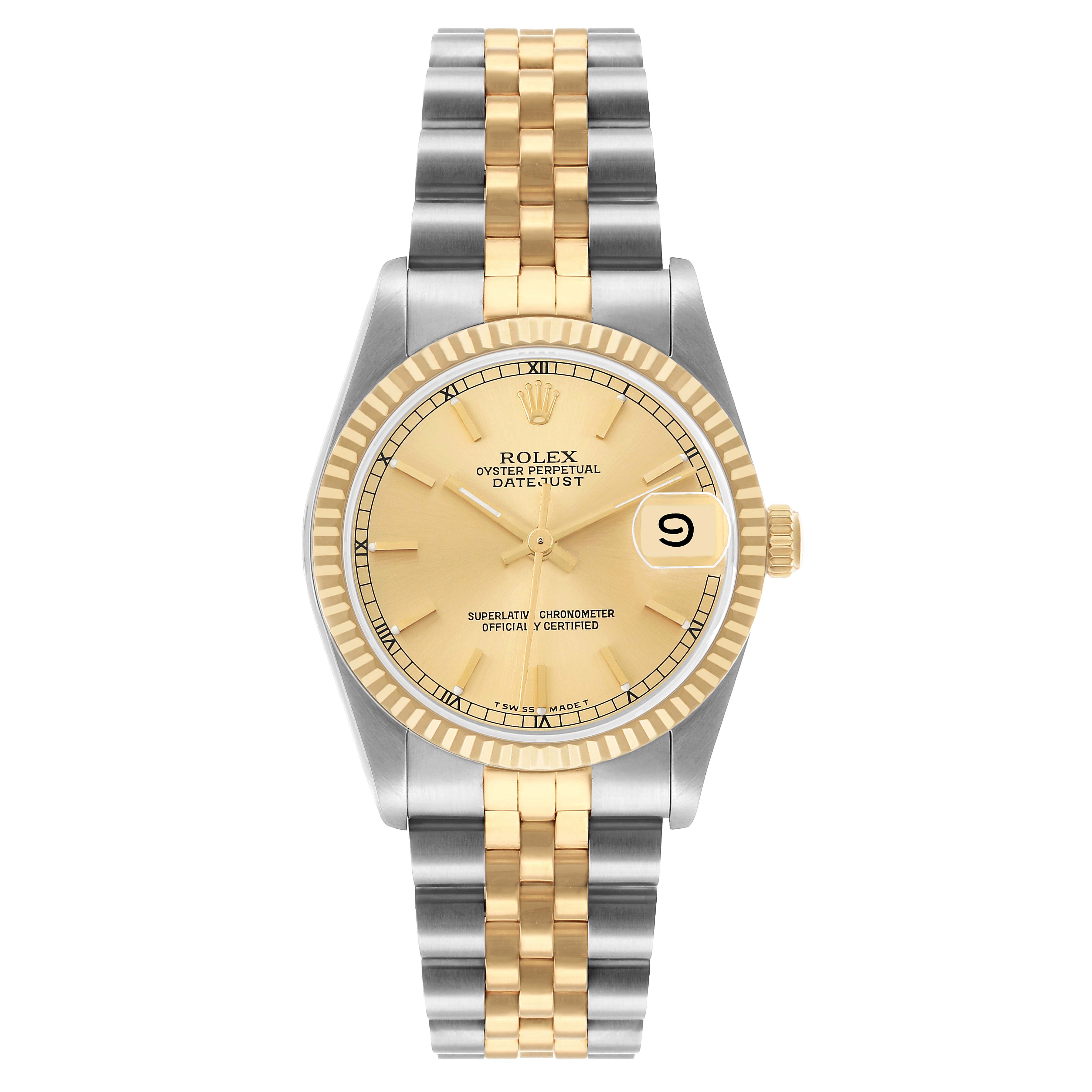The Rolex Datejust 68273 Women's Stainless Steel Champagne Dial watch is shown from a front angle, displaying its face, bezel, and two-tone bracelet.