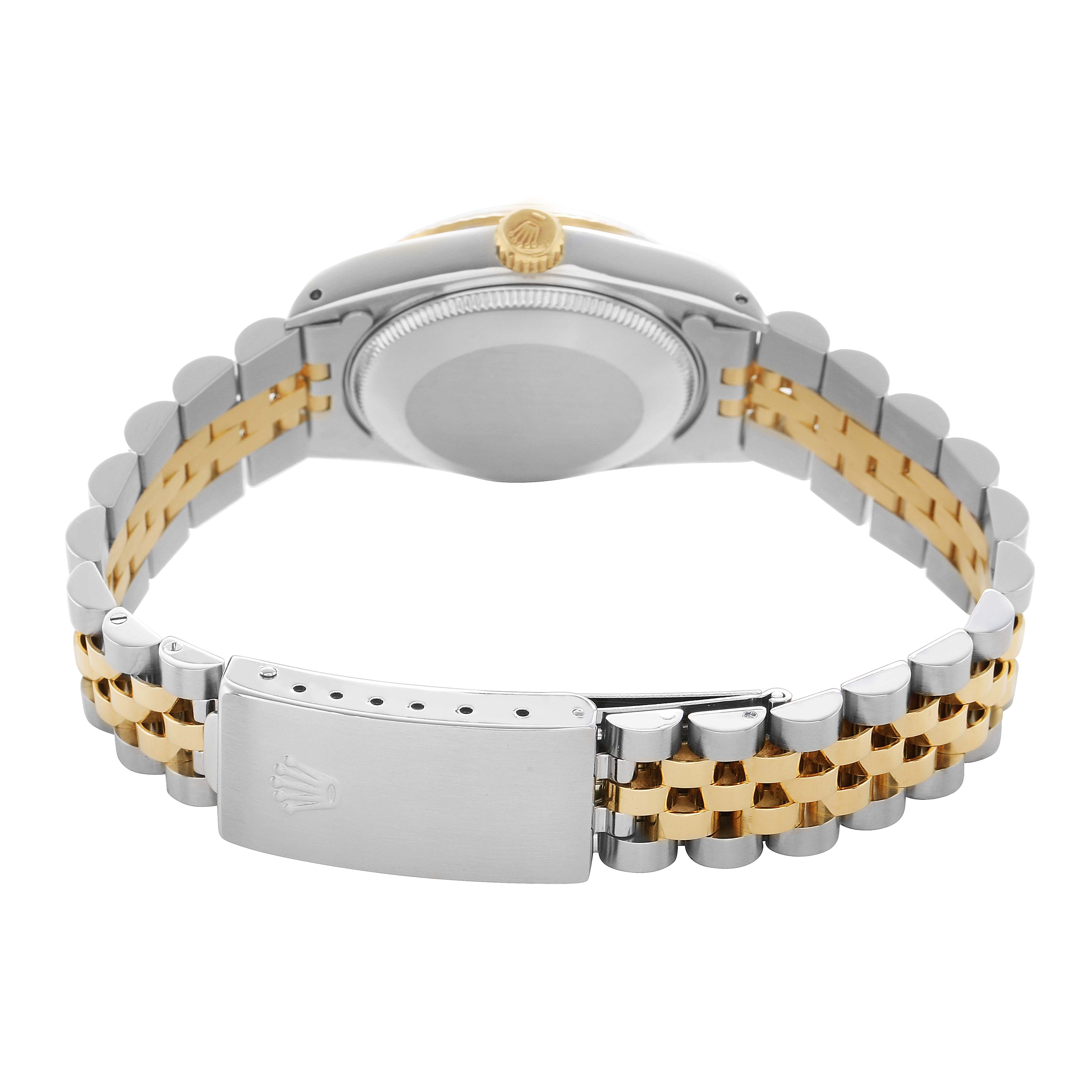 The image shows a Rolex Datejust 68273 Women's Stainless Steel Champagne Dial watch from the back, highlighting its clasp, bracelet, and case back.