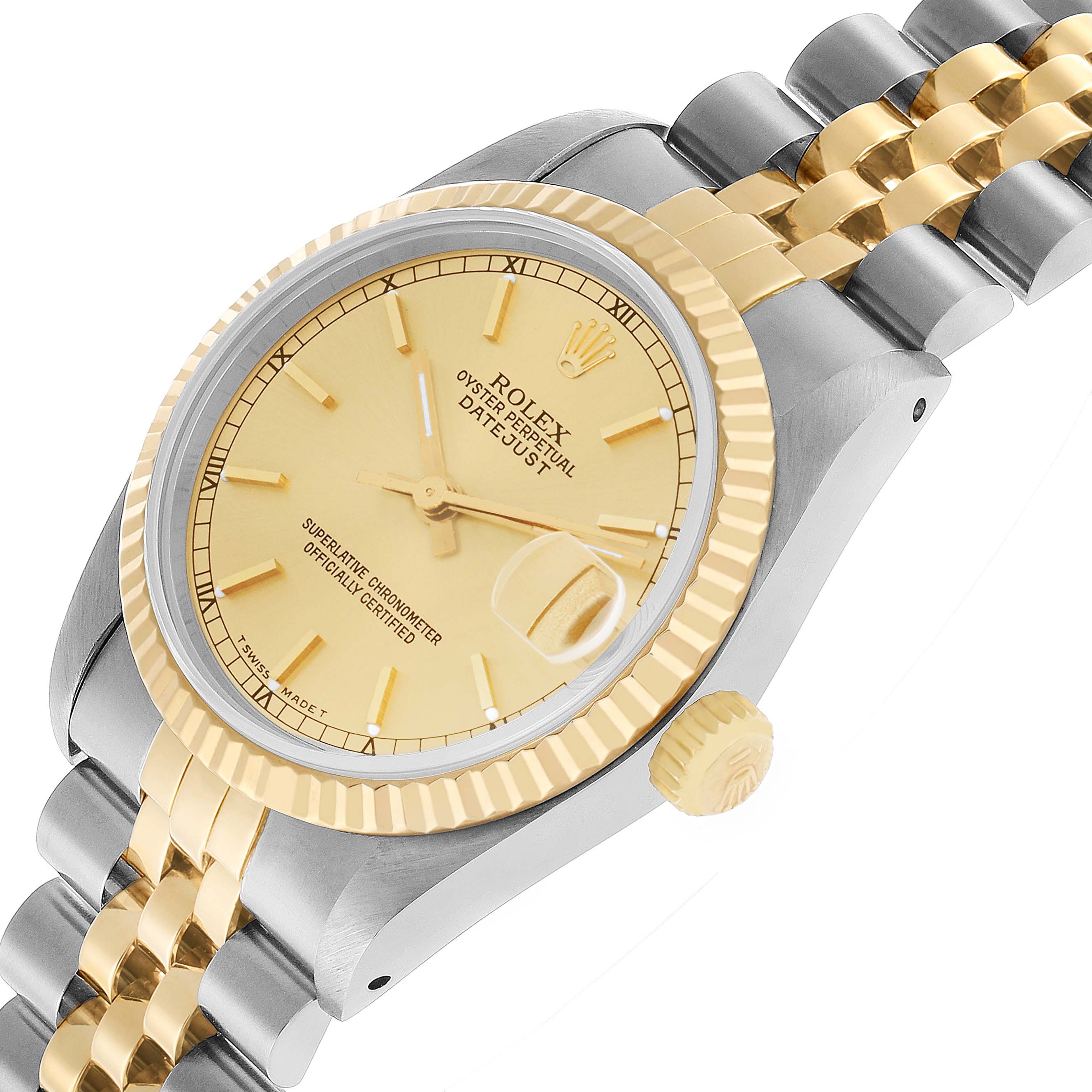The Rolex Datejust 68273 Women's Stainless Steel Champagne Dial watch is shown at a slight side angle, highlighting the face, bezel, crown, and jubilee bracelet.