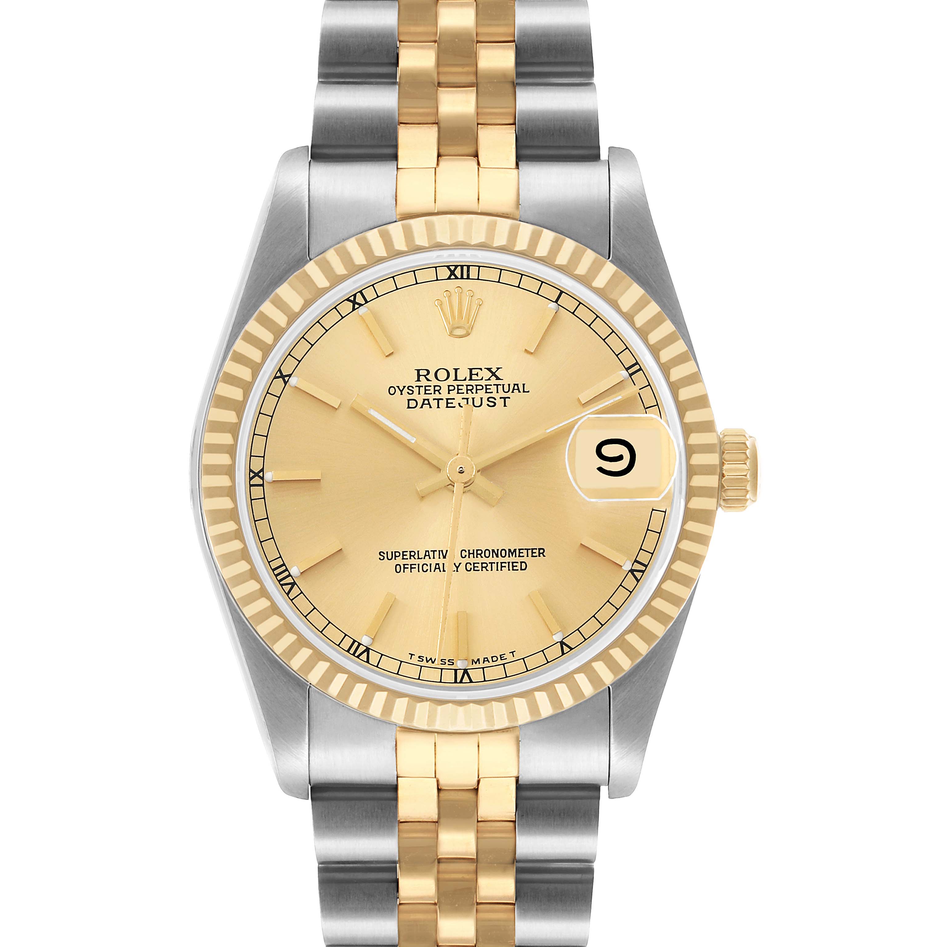 The Rolex Datejust 68273 Women's Stainless Steel Champagne Dial watch is shown from the front, highlighting the dial, bezel, and two-tone bracelet.