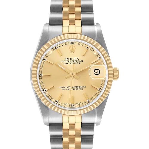 The Rolex Datejust 68273 Women's Stainless Steel Champagne Dial watch is shown from a top-down angle, displaying the face, bezel, crown, and Jubilee bracelet.