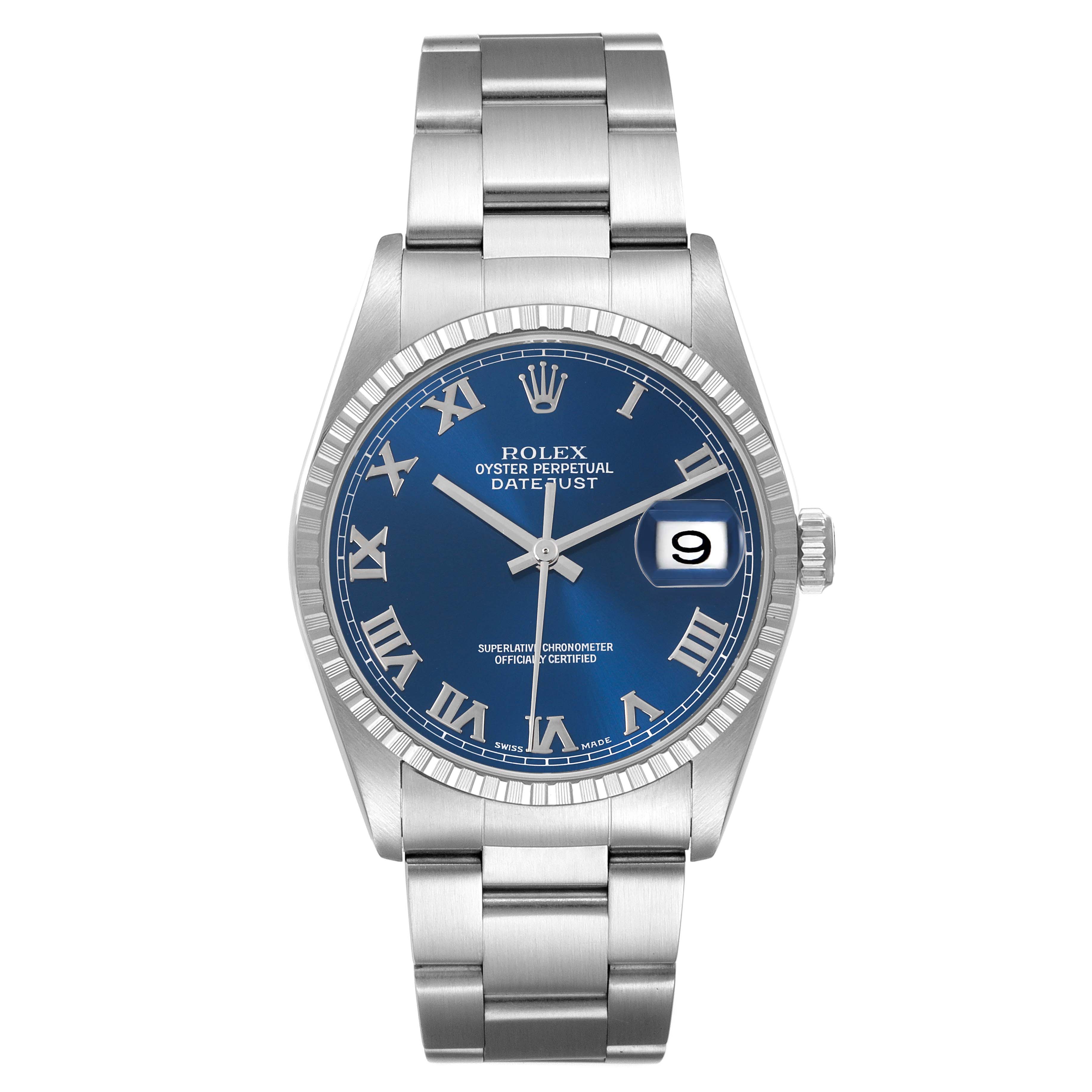 The Rolex Datejust 16220 Men's Stainless Steel Blue Dial 16220 Men's Stainless Steel Blue Dial watch is shown from a front angle, displaying its blue dial, fluted bezel, and metal bracelet.