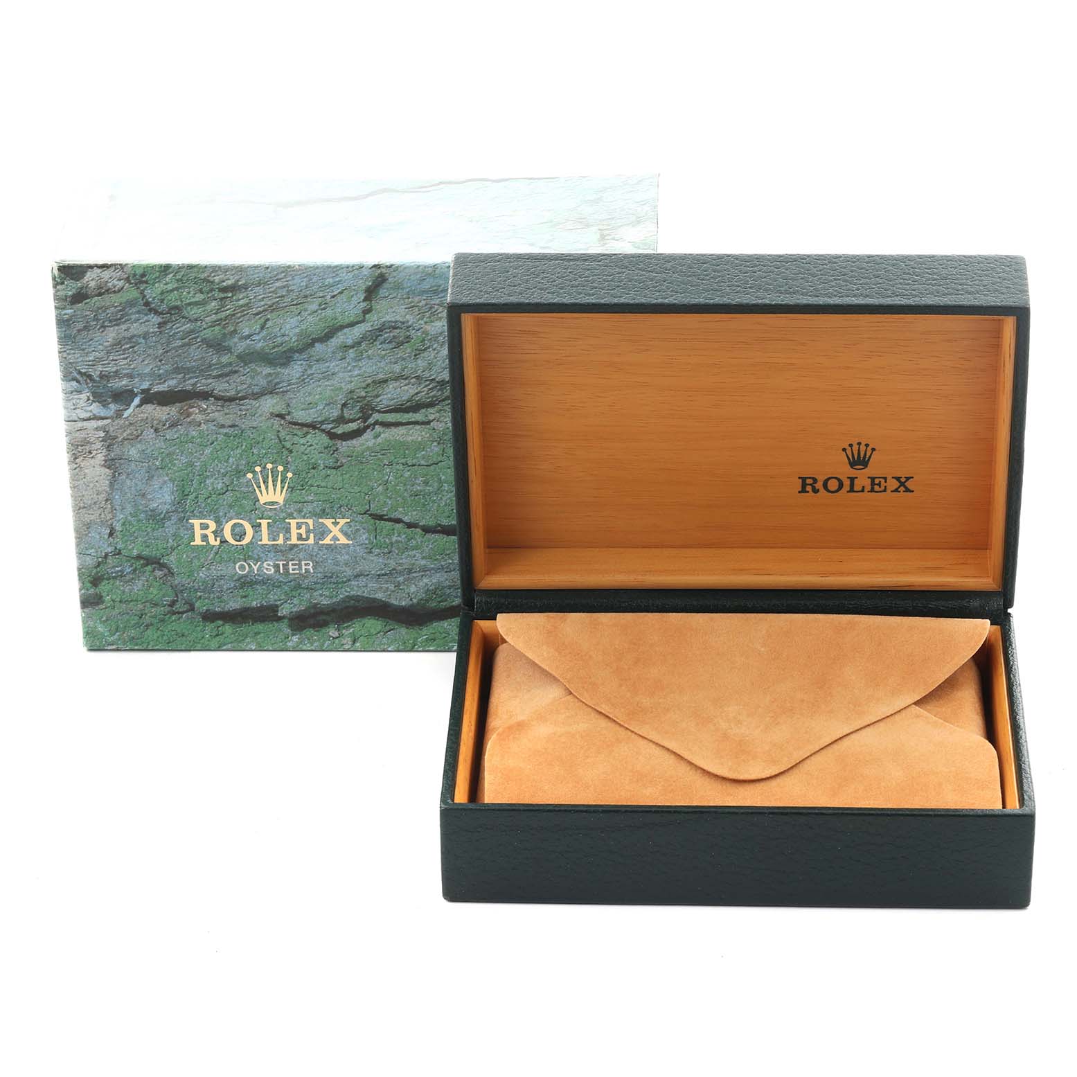 The image shows a Rolex Datejust 16220 Men's Stainless Steel Blue Dial 16220 Men's Stainless Steel Blue Dial watch box with an open lid and an interior pouch, revealing the brand logo.