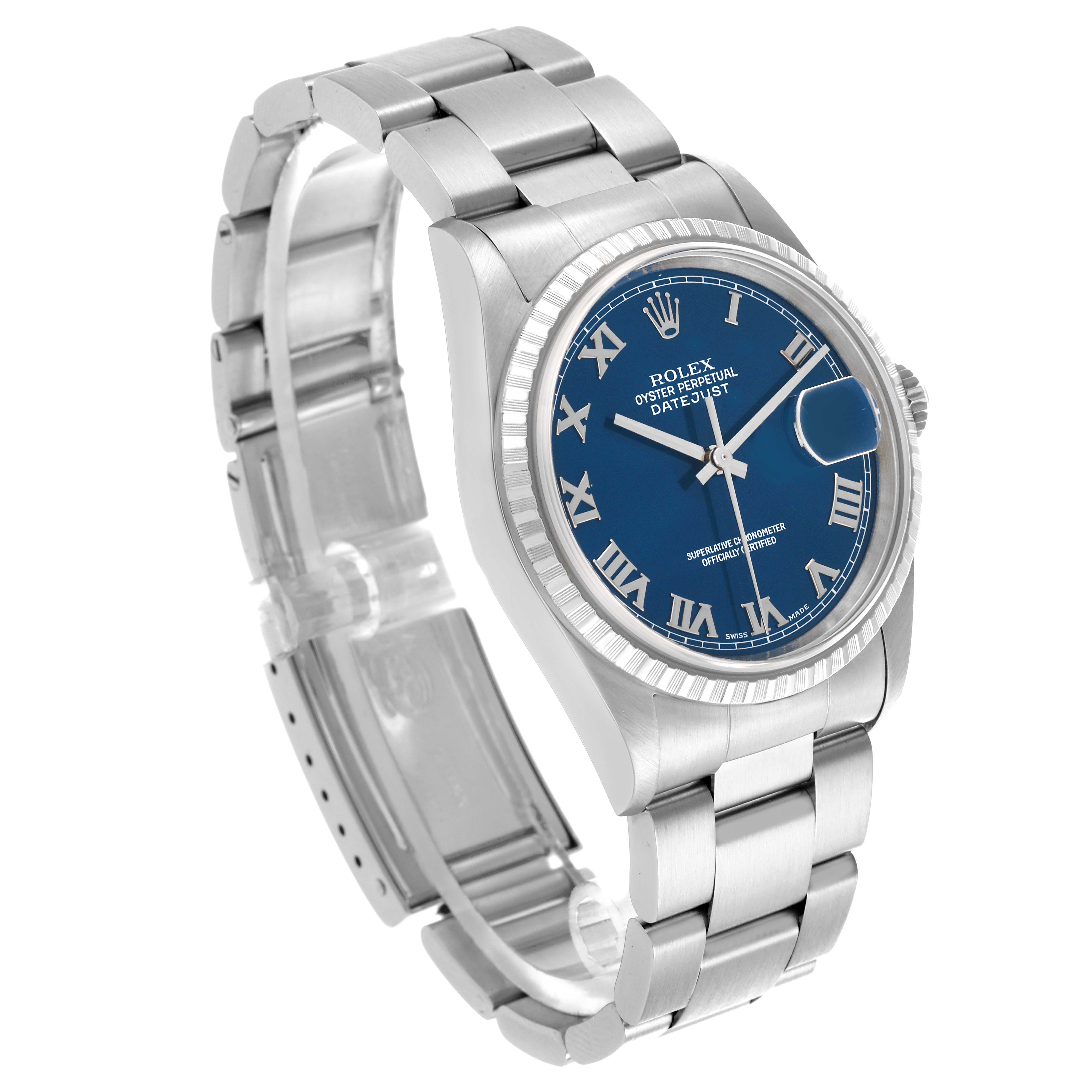 The Rolex Datejust 16220 Men's Stainless Steel Blue Dial 16220 Men's Stainless Steel Blue Dial watch is shown at a three-quarter angle, displaying its blue dial, fluted bezel, and Oyster bracelet.
