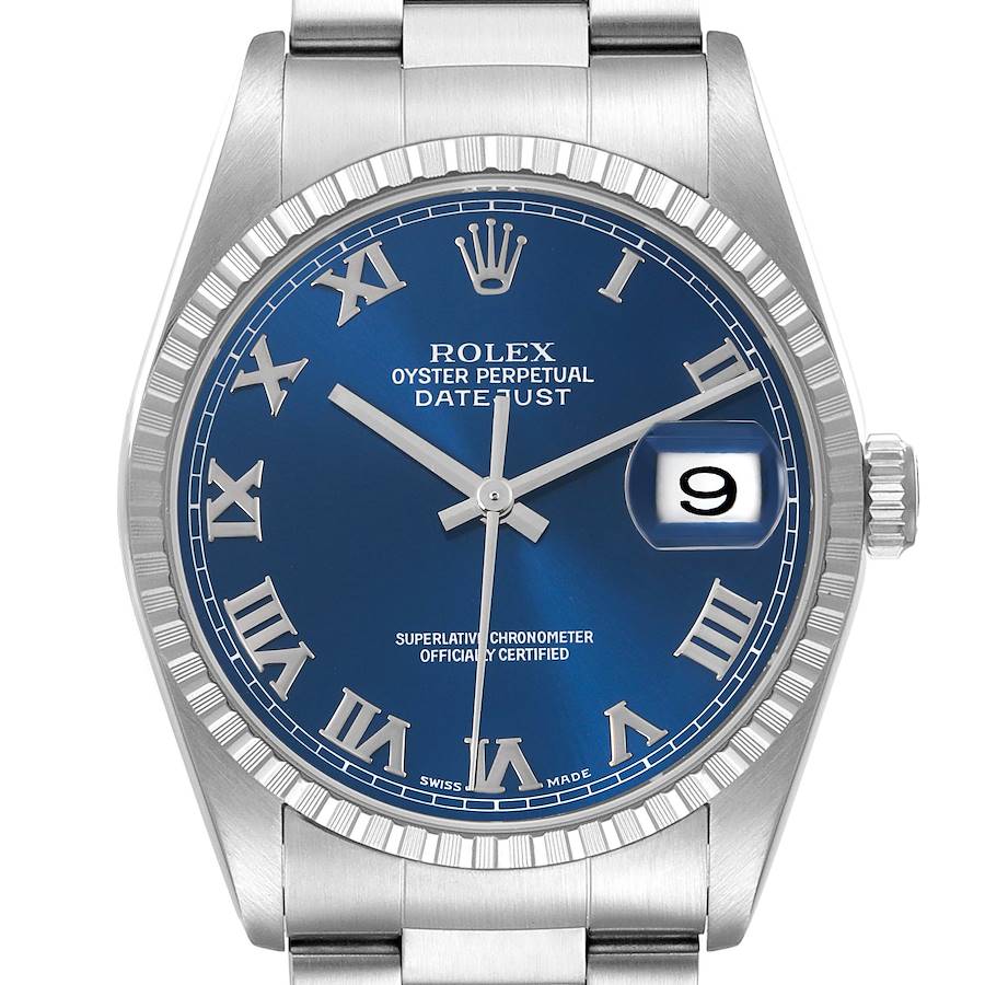 The Rolex Datejust watch is shown from a front view, highlighting the blue dial, Roman numerals, and date window.