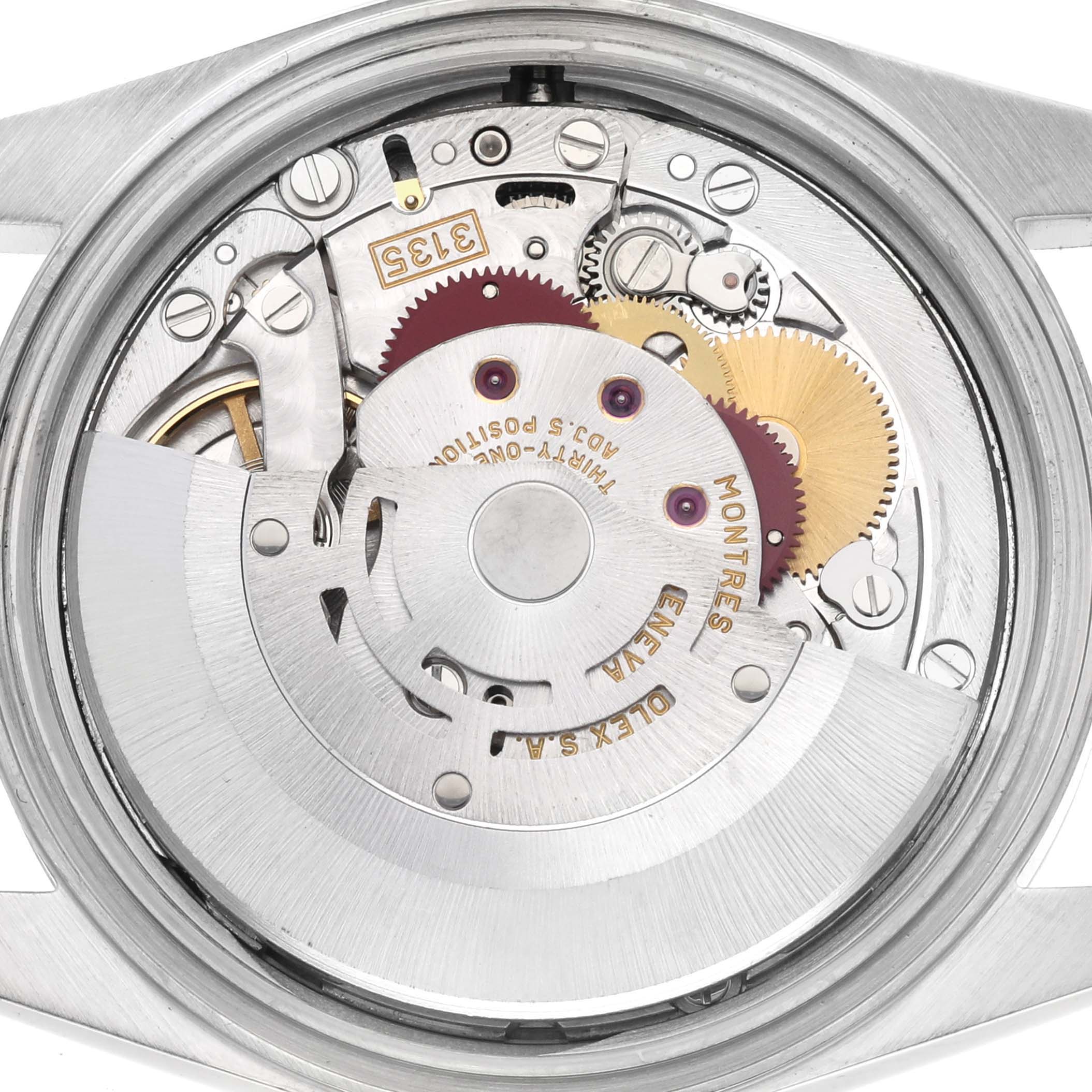 The image shows the movement mechanism of a Rolex Datejust 16220 Men's Stainless Steel Blue Dial 16220 Men's Stainless Steel Blue Dial watch from a top-down angle.