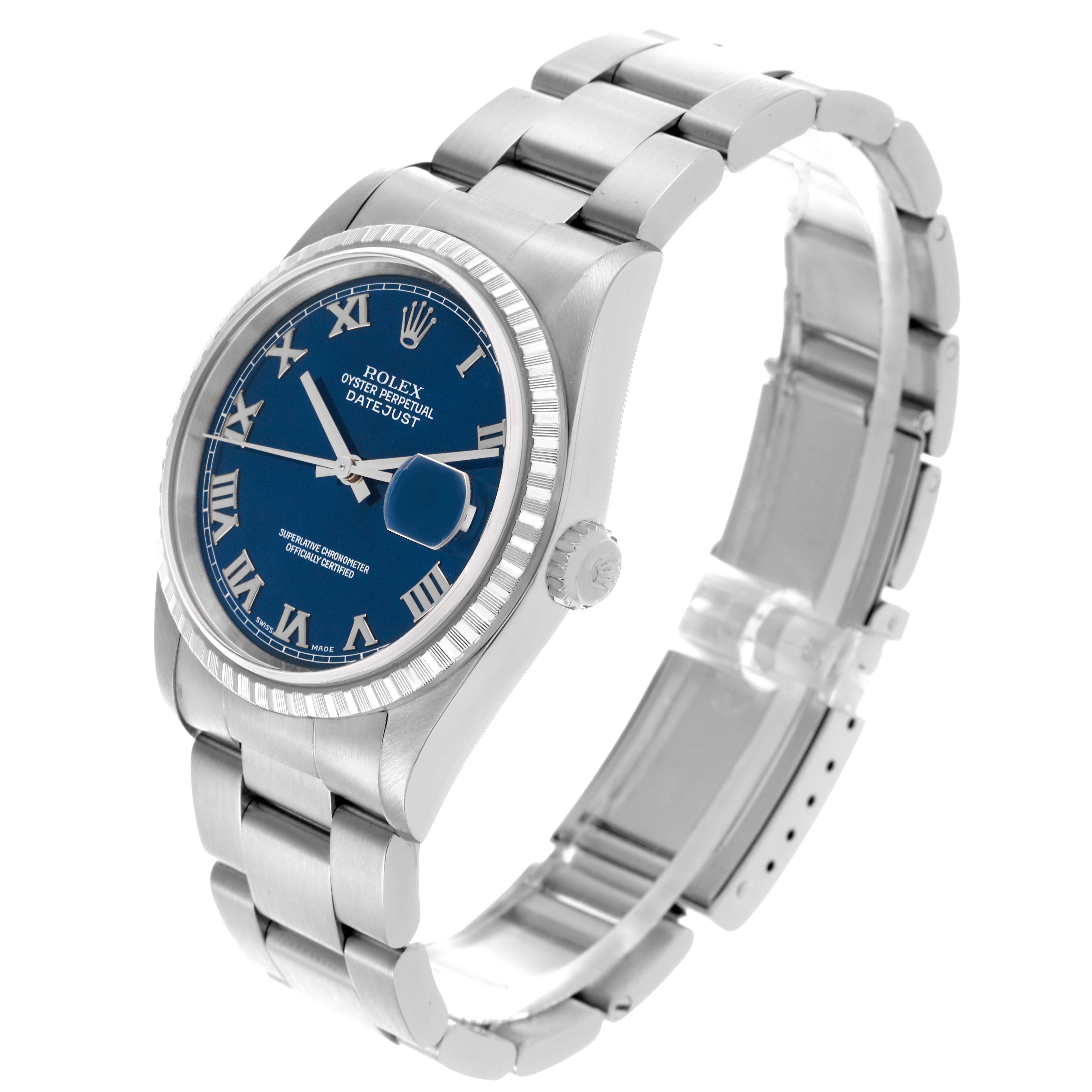 The Rolex Datejust 16220 Men's Stainless Steel Blue Dial 16220 Men's Stainless Steel Blue Dial watch is shown at a three-quarter angle, displaying the face, bezel, crown, and part of the bracelet.