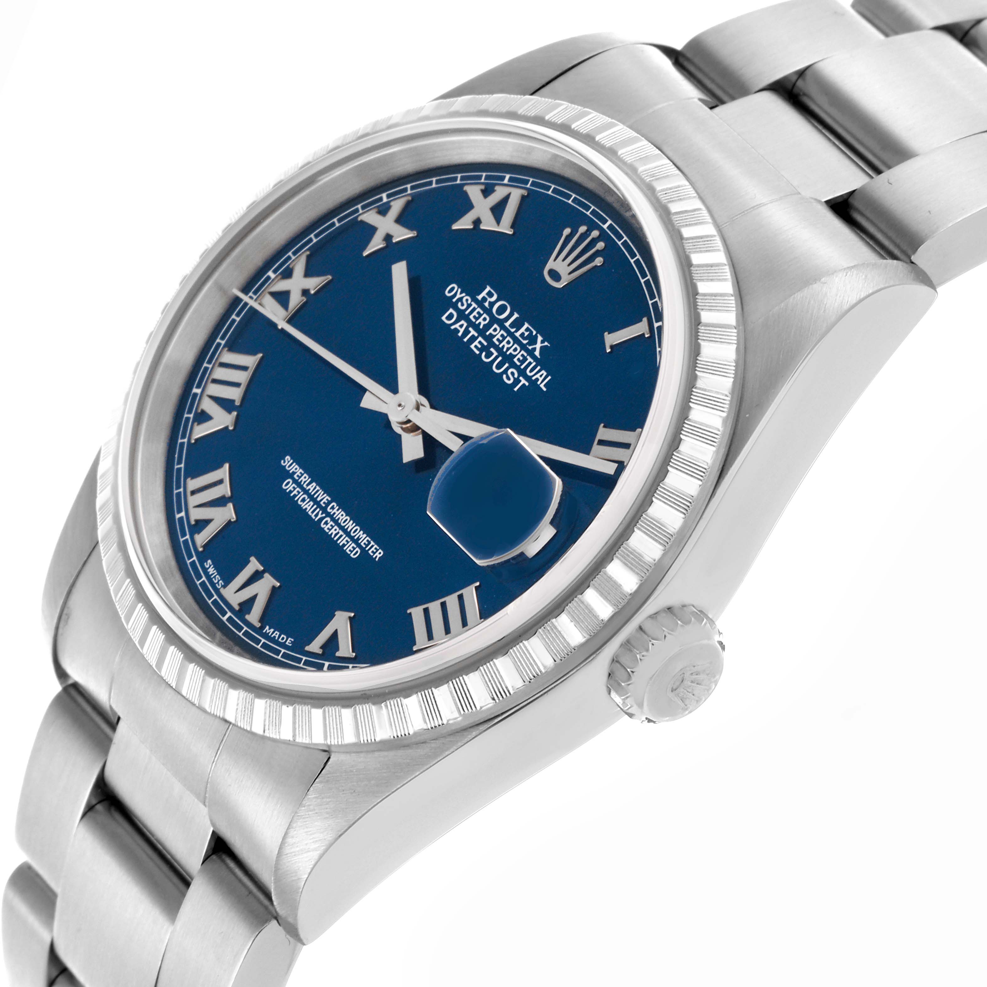 The Rolex Datejust 16220 Men's Stainless Steel Blue Dial 16220 Men's Stainless Steel Blue Dial watch is shown at a slight angle, displaying the dial, bezel, crown, and part of the bracelet.