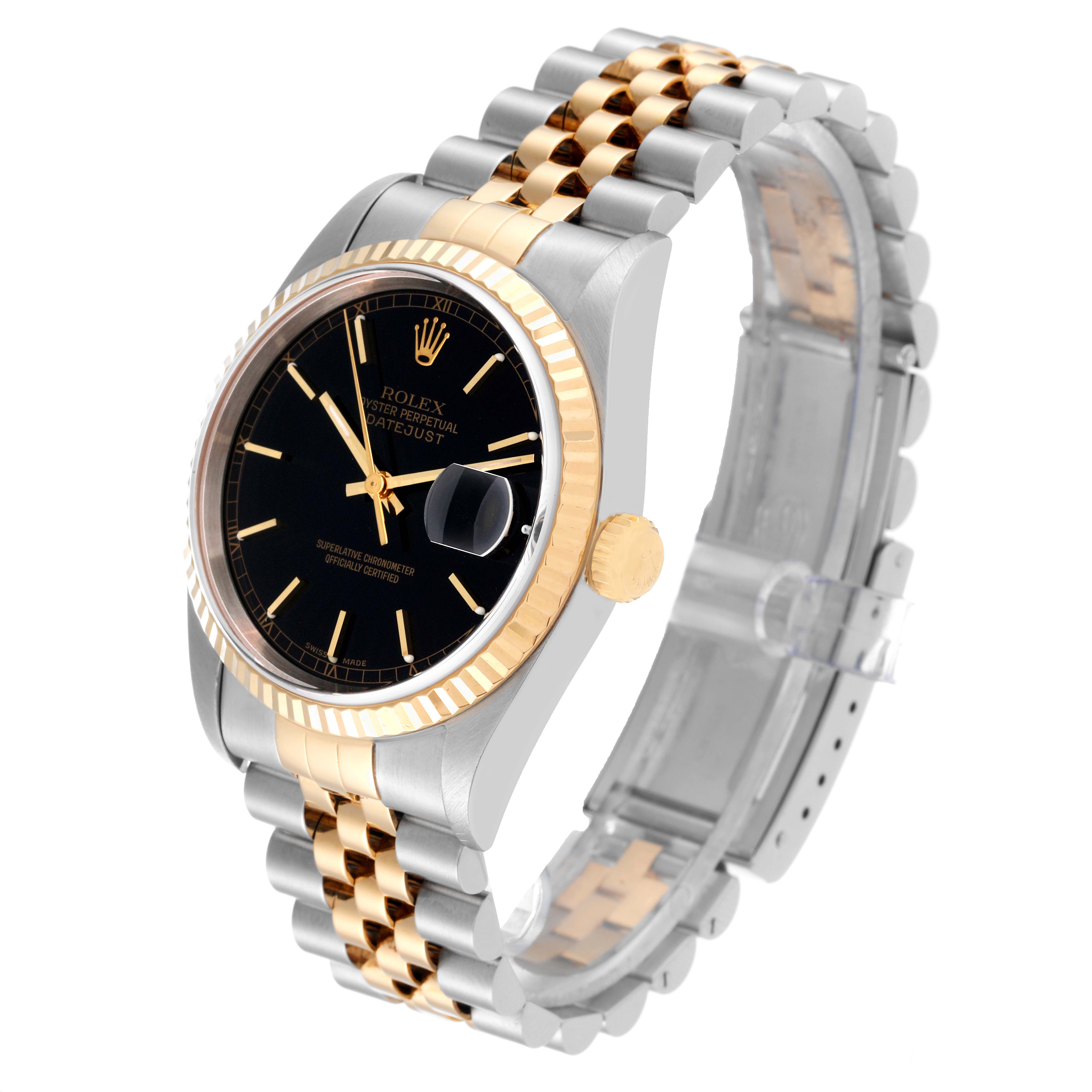 The image shows a Rolex Datejust 16233 Men's Steel and Gold (two tone) Black Dial 16233 Men's Steel and Gold (two tone) Black Dial watch at a three-quarter angle, highlighting the black dial, gold fluted bezel, and two-tone bracelet.