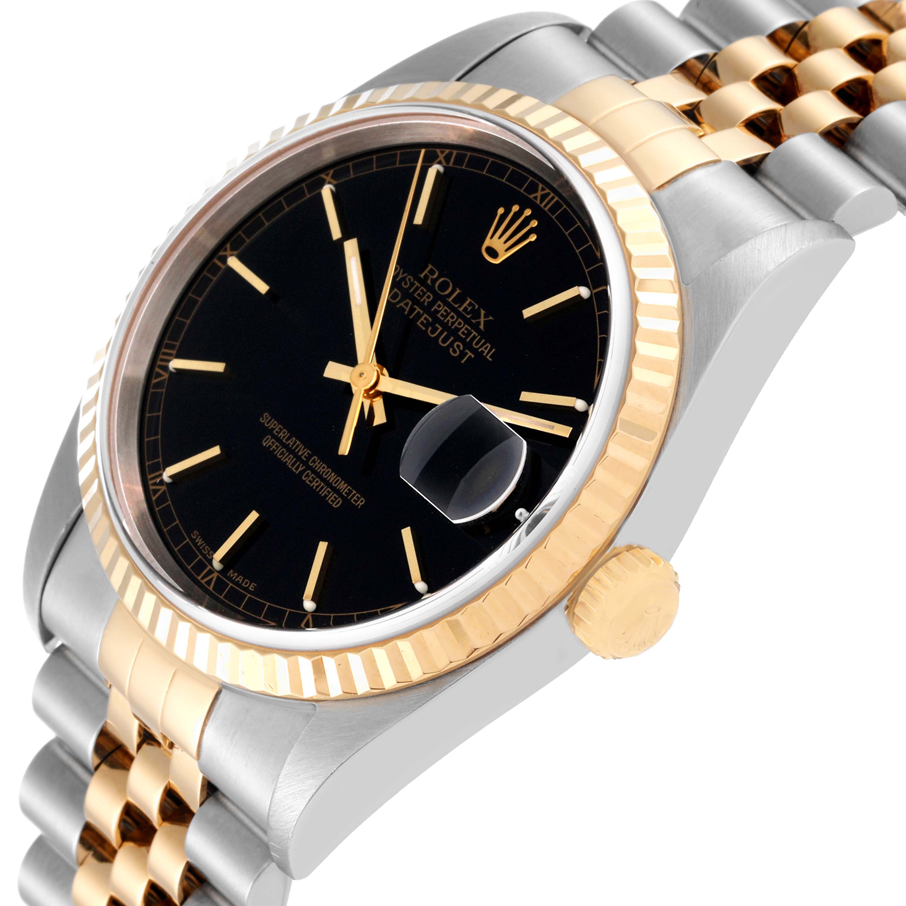 This image shows a Rolex Datejust 16233 Men's Steel and Gold (two tone) Black Dial 16233 Men's Steel and Gold (two tone) Black Dial watch from a slightly angled side view, highlighting the face, bezel, crown, and stainless steel and gold bracelet.