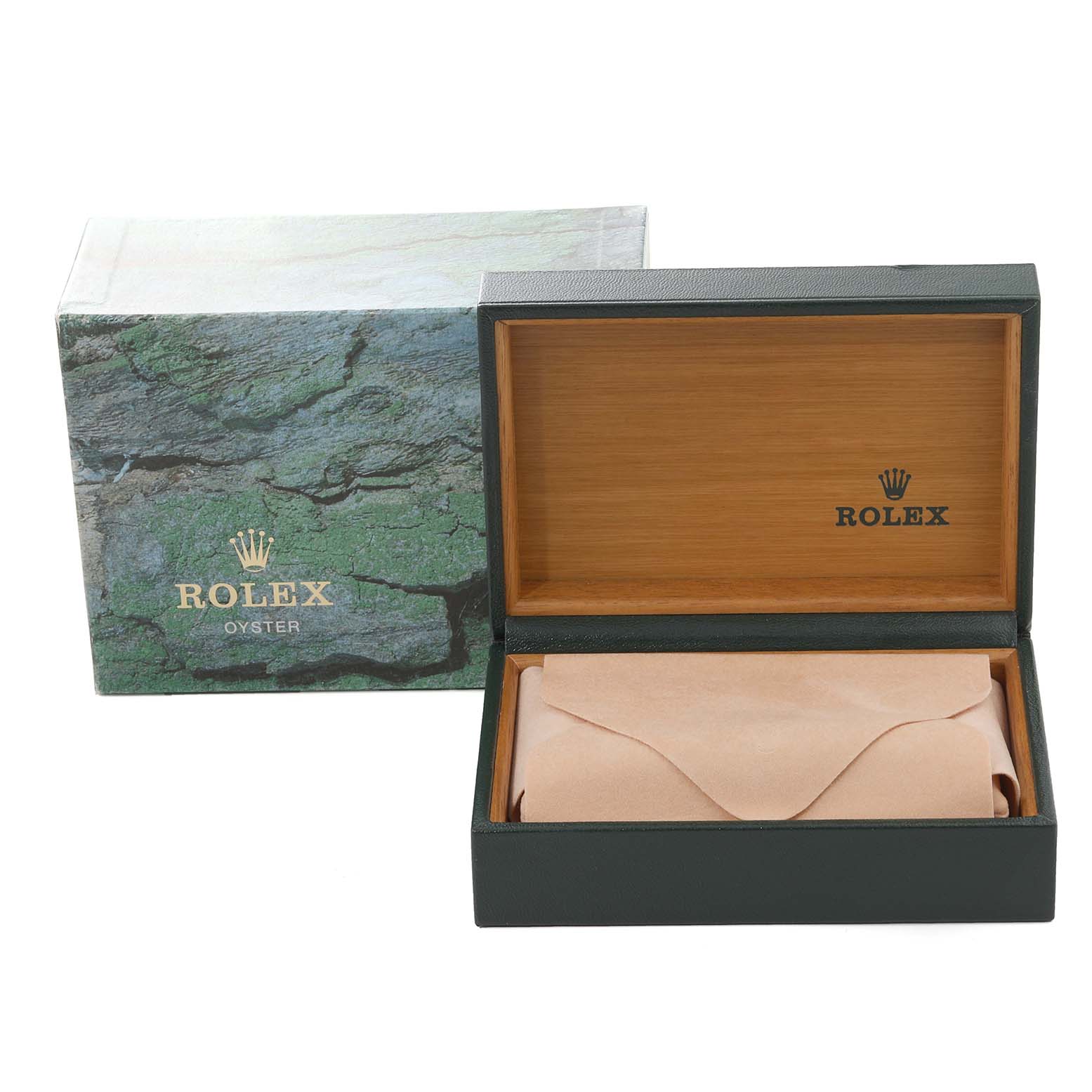 The image shows a Rolex Datejust 16233 Men's Steel and Gold (two tone) Black Dial 16233 Men's Steel and Gold (two tone) Black Dial watch box with an outer green Rolex-branded box and an inner wooden box with cushions inside.