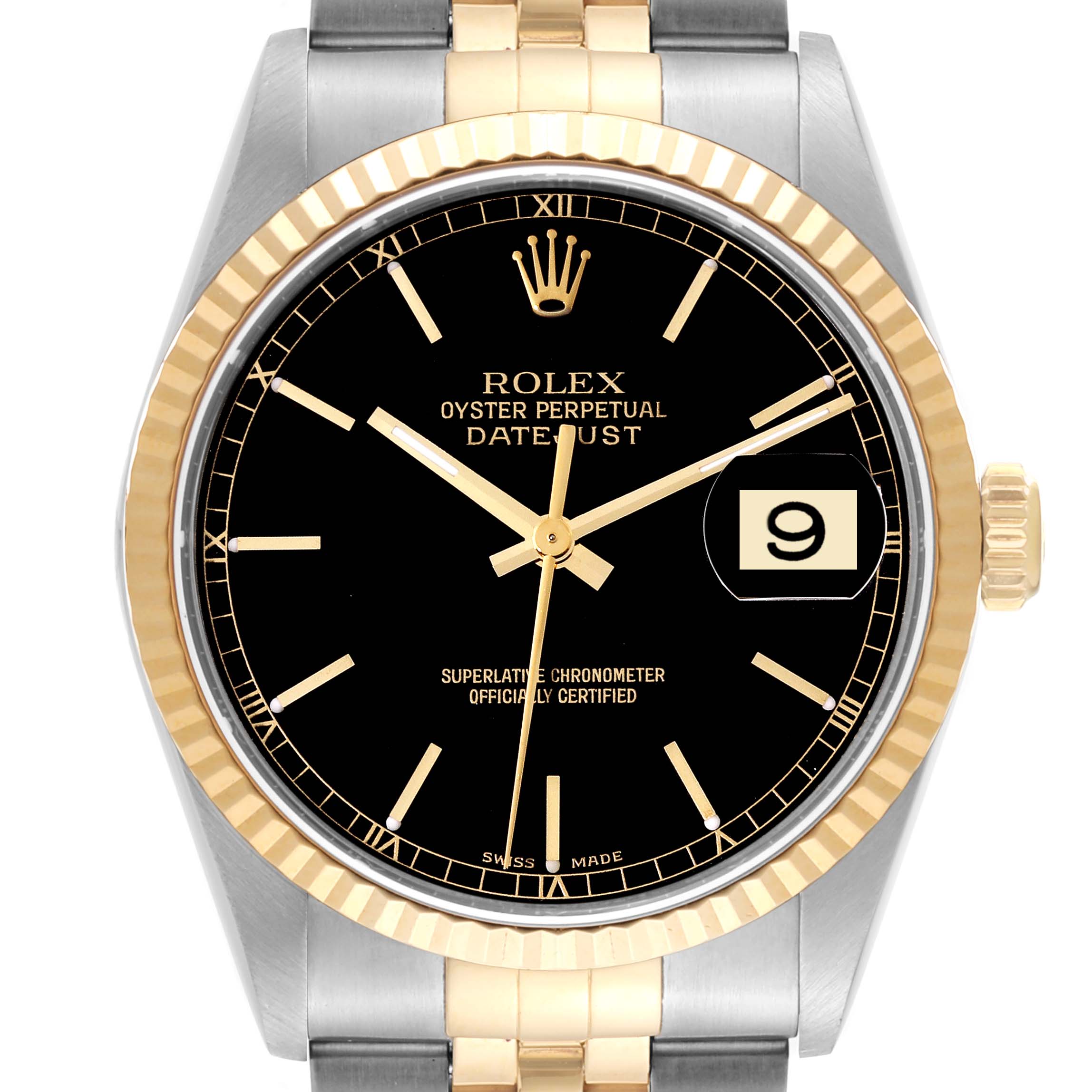 The image shows a frontal view of the Rolex Datejust 16233 Men's Steel and Gold (two tone) Black Dial 16233 Men's Steel and Gold (two tone) Black Dial watch, featuring the dial, bezel, bracelet, and crown.