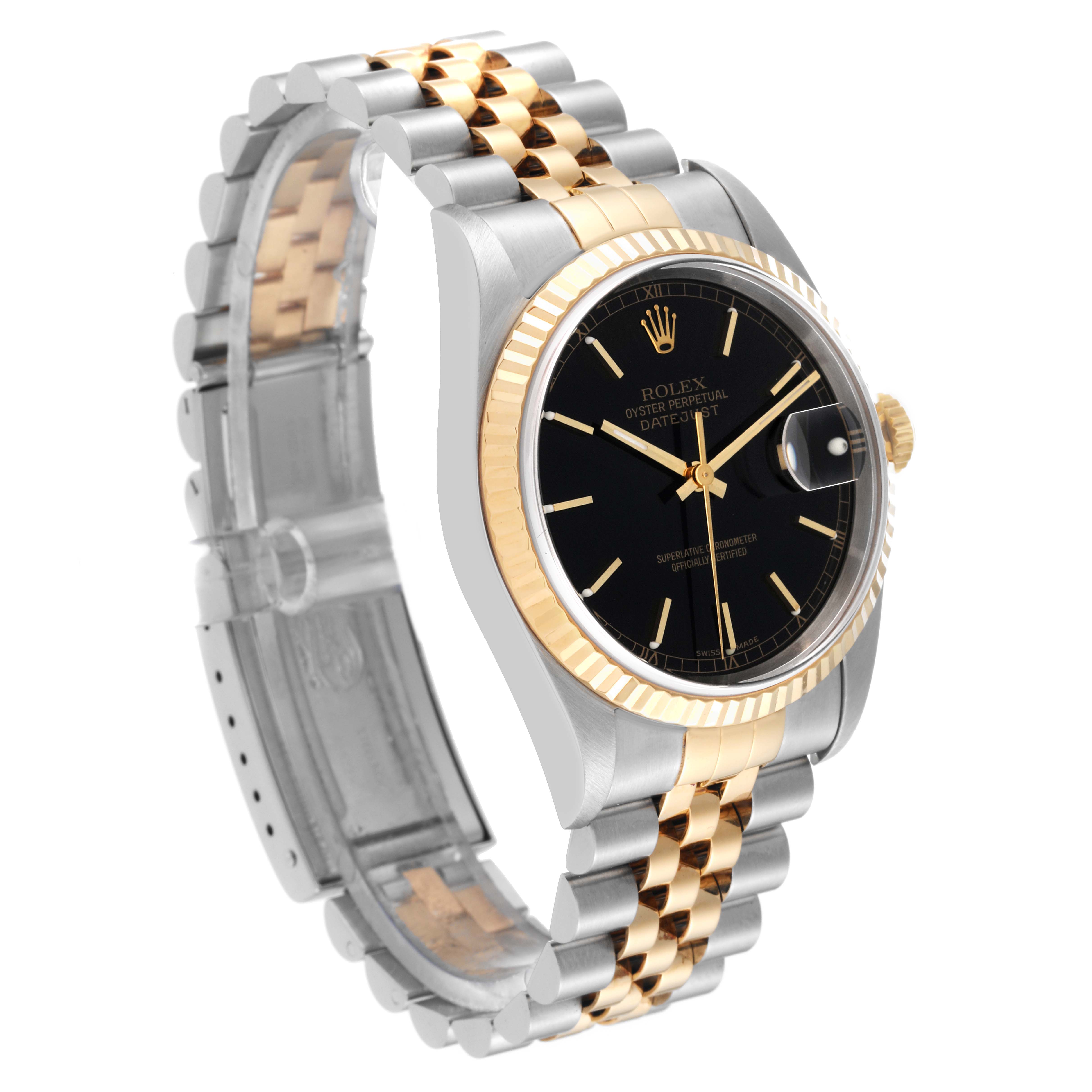 The Rolex Datejust 16233 Men's Steel and Gold (two tone) Black Dial 16233 Men's Steel and Gold (two tone) Black Dial watch is shown at an angle, displaying the bezel, dial, case, and two-tone bracelet.