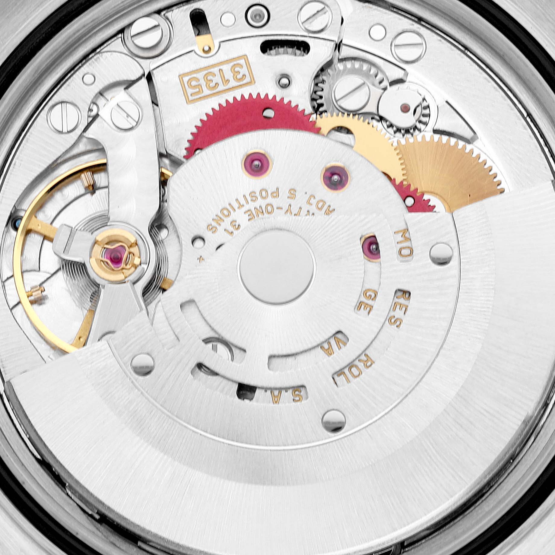 The image shows the intricate movement and inner mechanism of a Rolex Datejust 16233 Men's Steel and Gold (two tone) Black Dial 16233 Men's Steel and Gold (two tone) Black Dial watch, focusing on the gears and components.