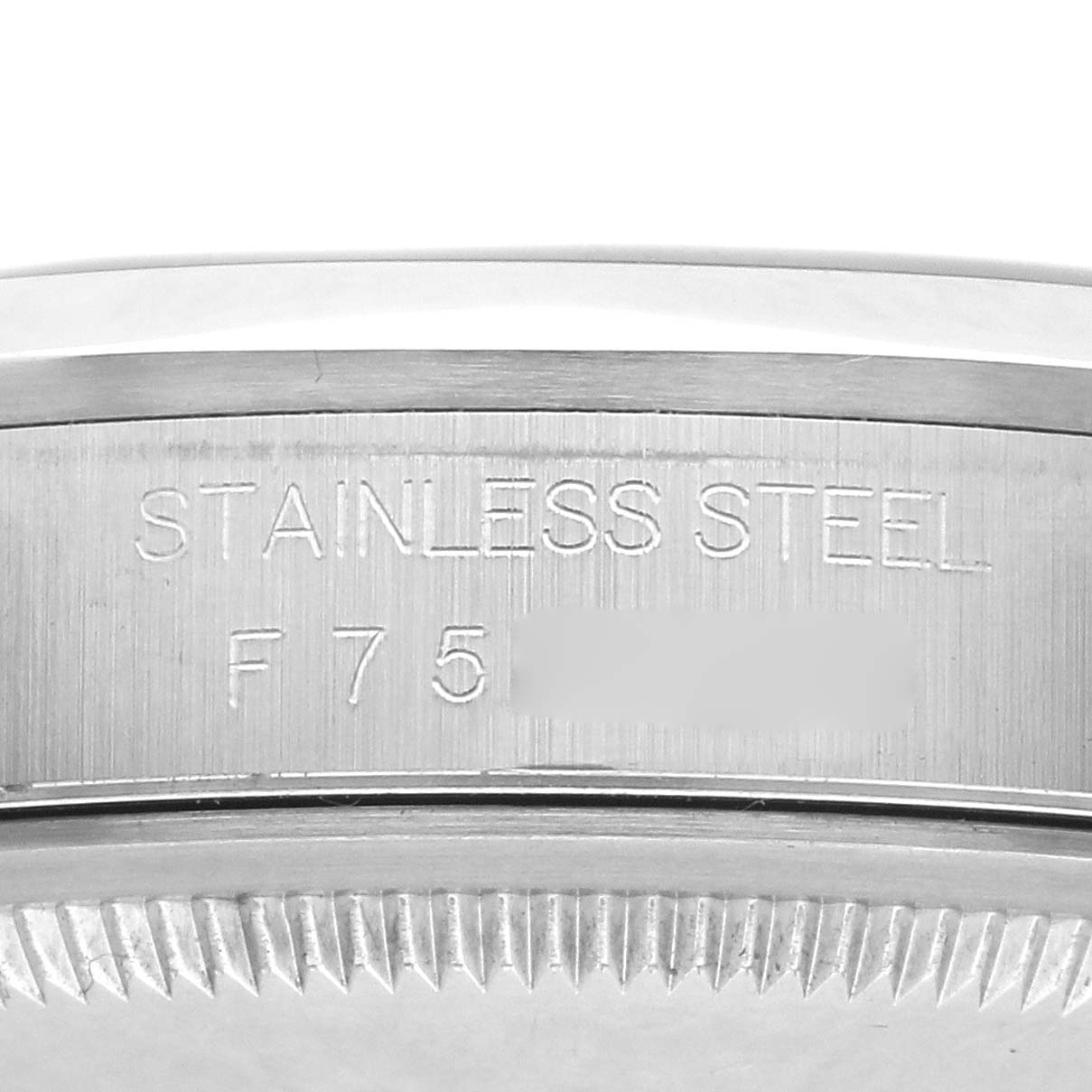 The image shows the side profile of a Rolex Datejust 16200 Men
s Stainless Steel Black Dial 16200 Men
s Stainless Steel Black Dial watch, highlighting the stainless steel case edge.