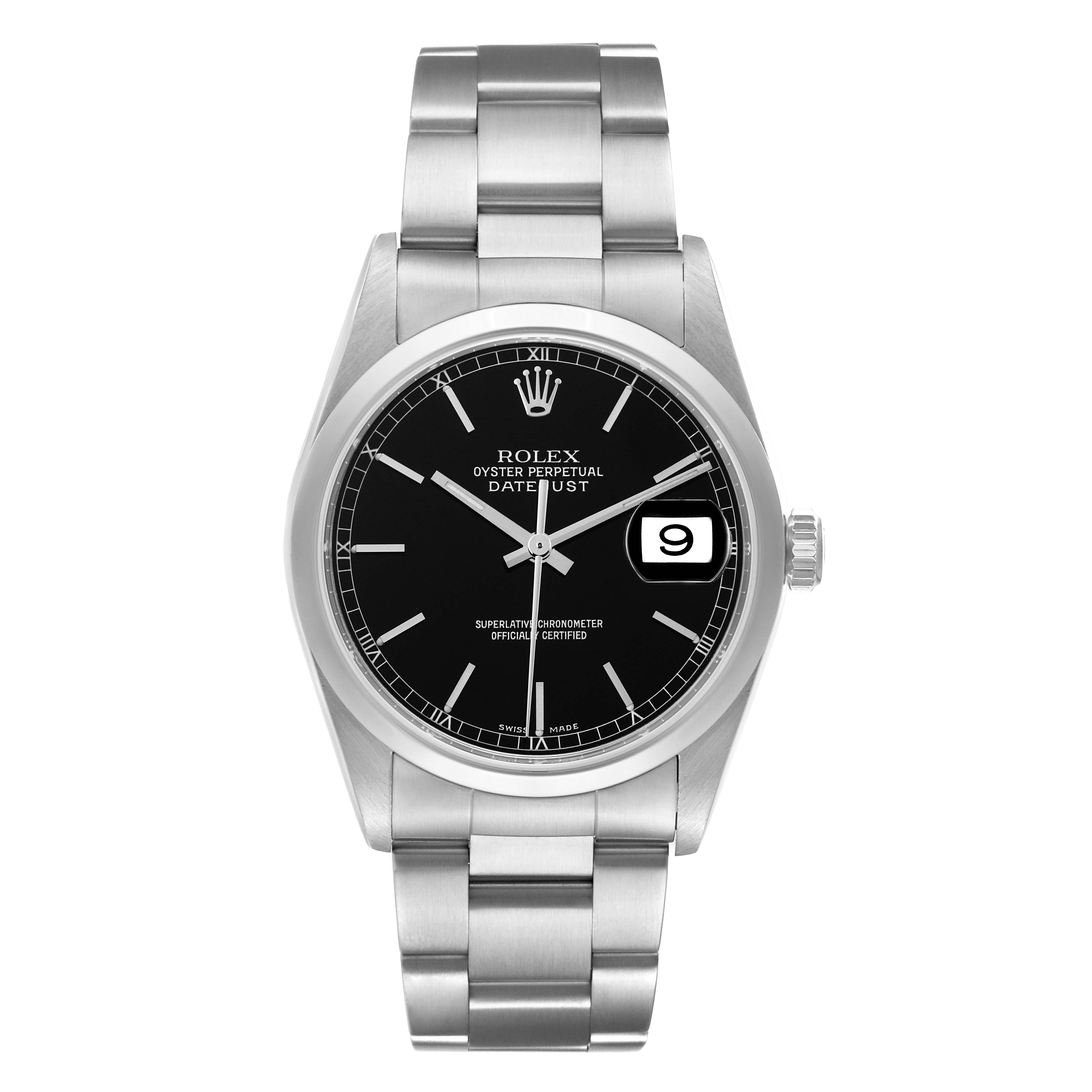 The Rolex Datejust 16200 Men
s Stainless Steel Black Dial 16200 Men
s Stainless Steel Black Dial watch is shown from the front, displaying the black dial, hands, date window, and stainless steel bracelet.