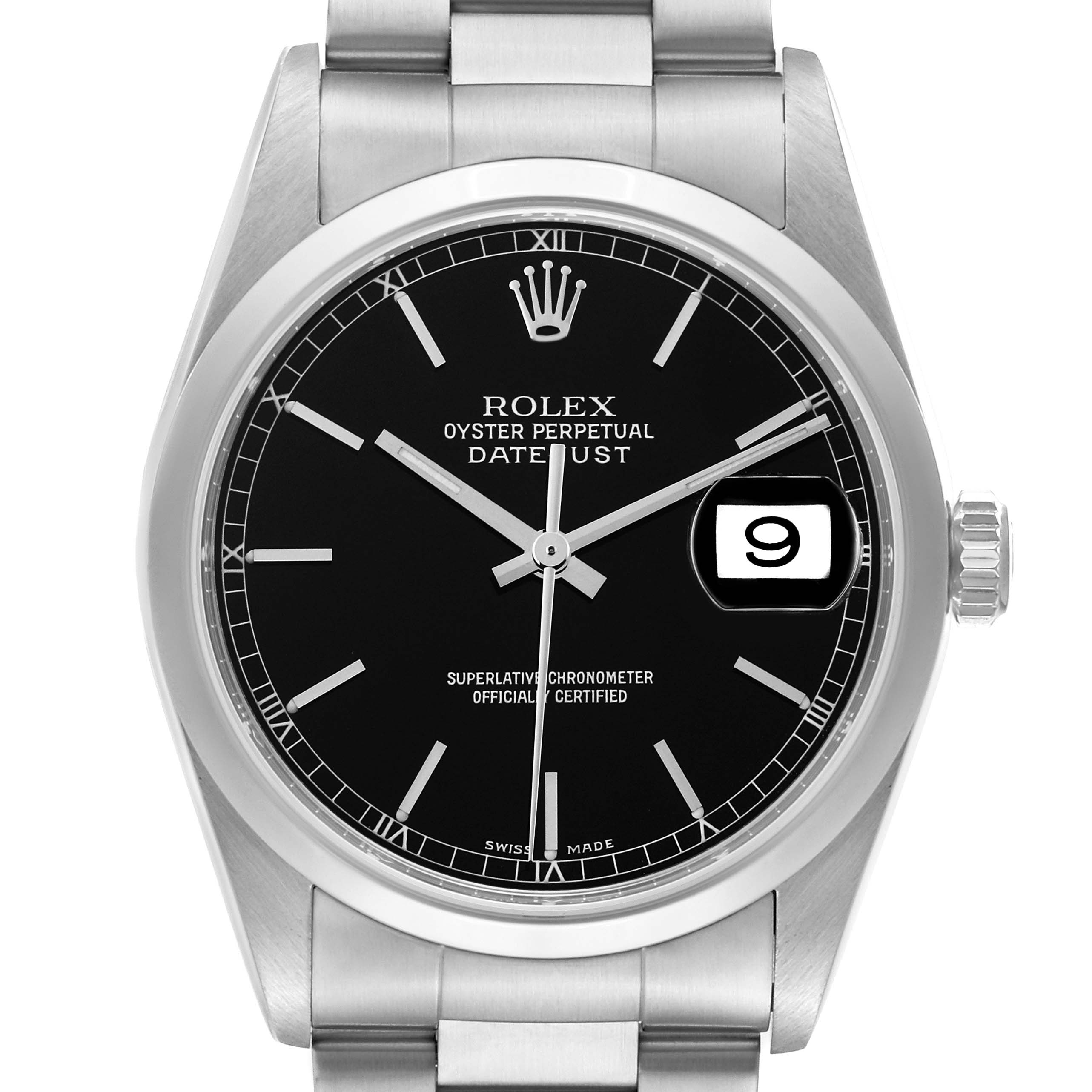 The Rolex Datejust 16200 Men
s Stainless Steel Black Dial 16200 Men
s Stainless Steel Black Dial watch is shown from the front, highlighting the black dial, date window, and stainless steel bracelet.