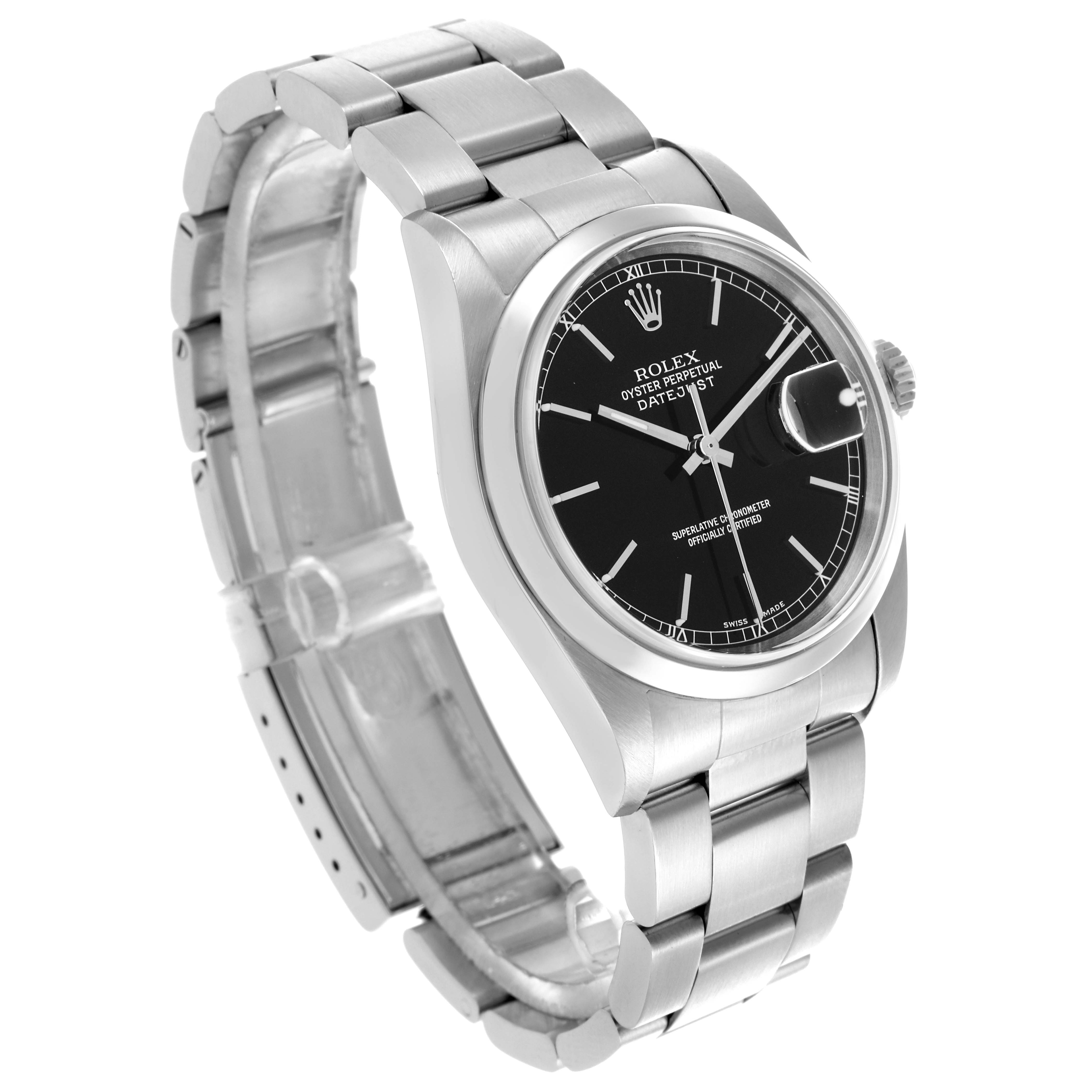 The Rolex Datejust 16200 Men
s Stainless Steel Black Dial 16200 Men
s Stainless Steel Black Dial watch is shown at a front angle, highlighting its dial, bezel, bracelet, and crown.