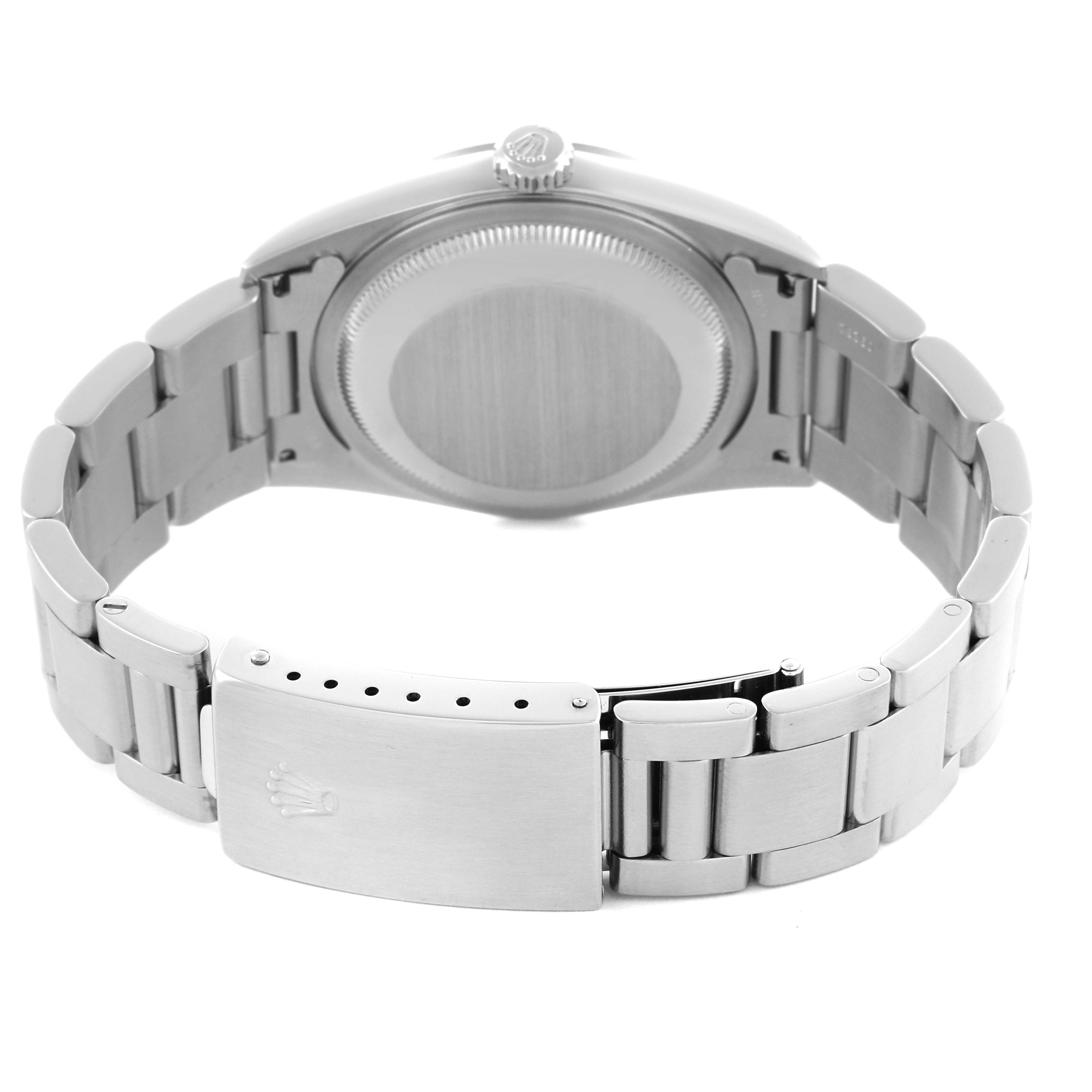 The image shows the back view of a Rolex Datejust 16200 Men
s Stainless Steel Black Dial 16200 Men
s Stainless Steel Black Dial watch, highlighting the case back, crown, and bracelet clasp.