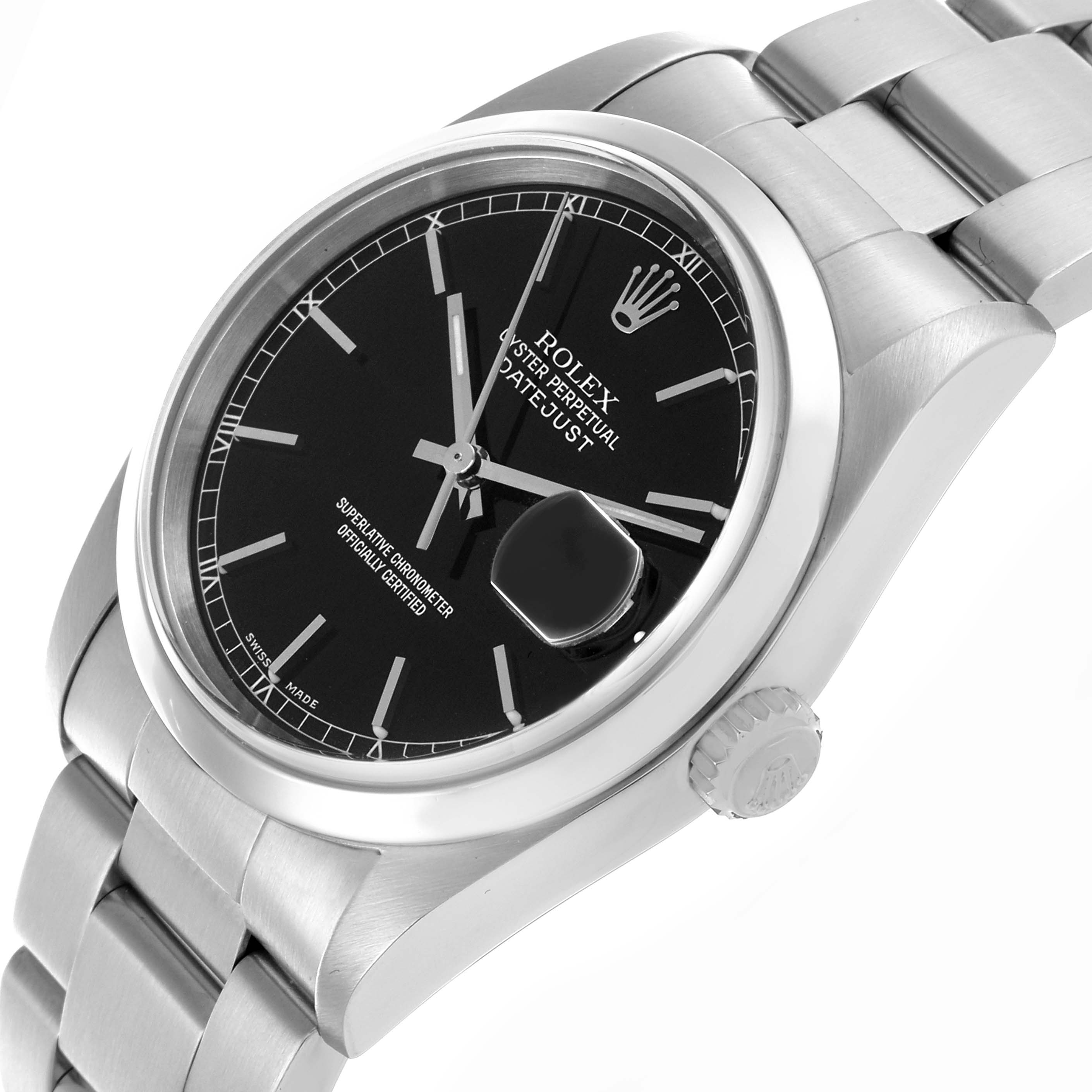 The image shows a Rolex Datejust 16200 Men
s Stainless Steel Black Dial 16200 Men
s Stainless Steel Black Dial watch from a side angle, featuring the dial, bracelet, and crown.
