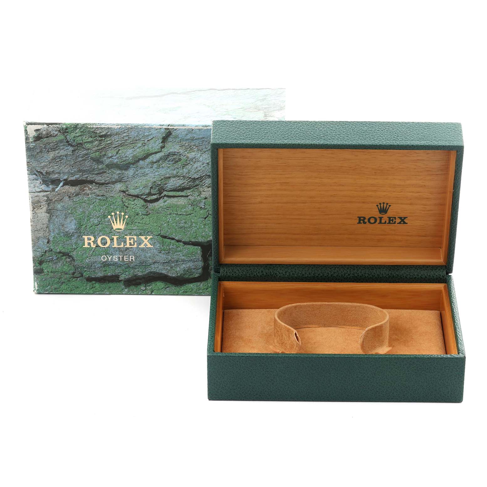 The image shows an open Rolex Datejust 16200 Men
s Stainless Steel Black Dial 16200 Men
s Stainless Steel Black Dial watch box and sleeve, with a green exterior and wood interior.