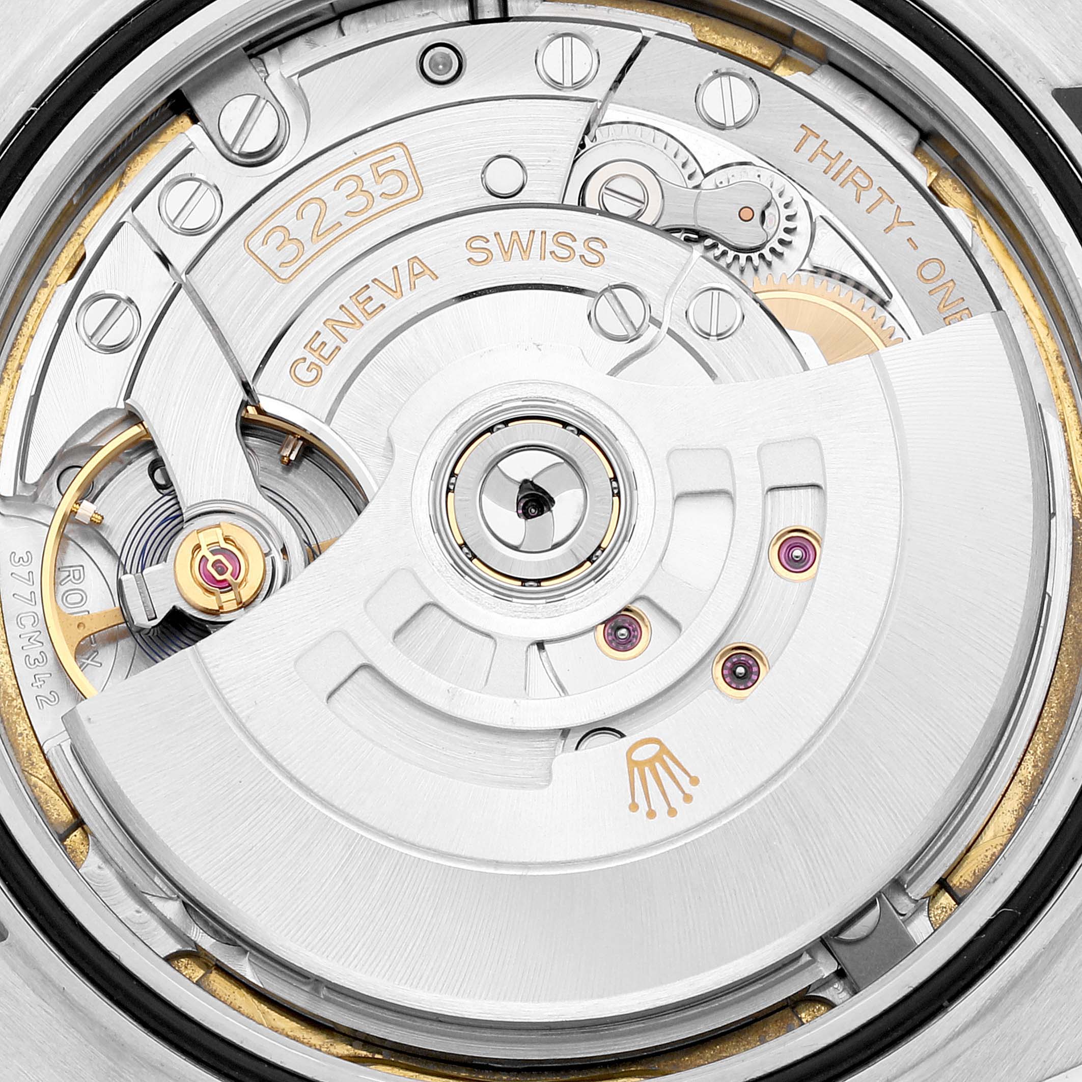The image shows the movement mechanism of the Rolex Datejust 41 126334 Men's Stainless Steel White Dial 126334 Men's Stainless Steel White Dial, including the rotor and other internal components.