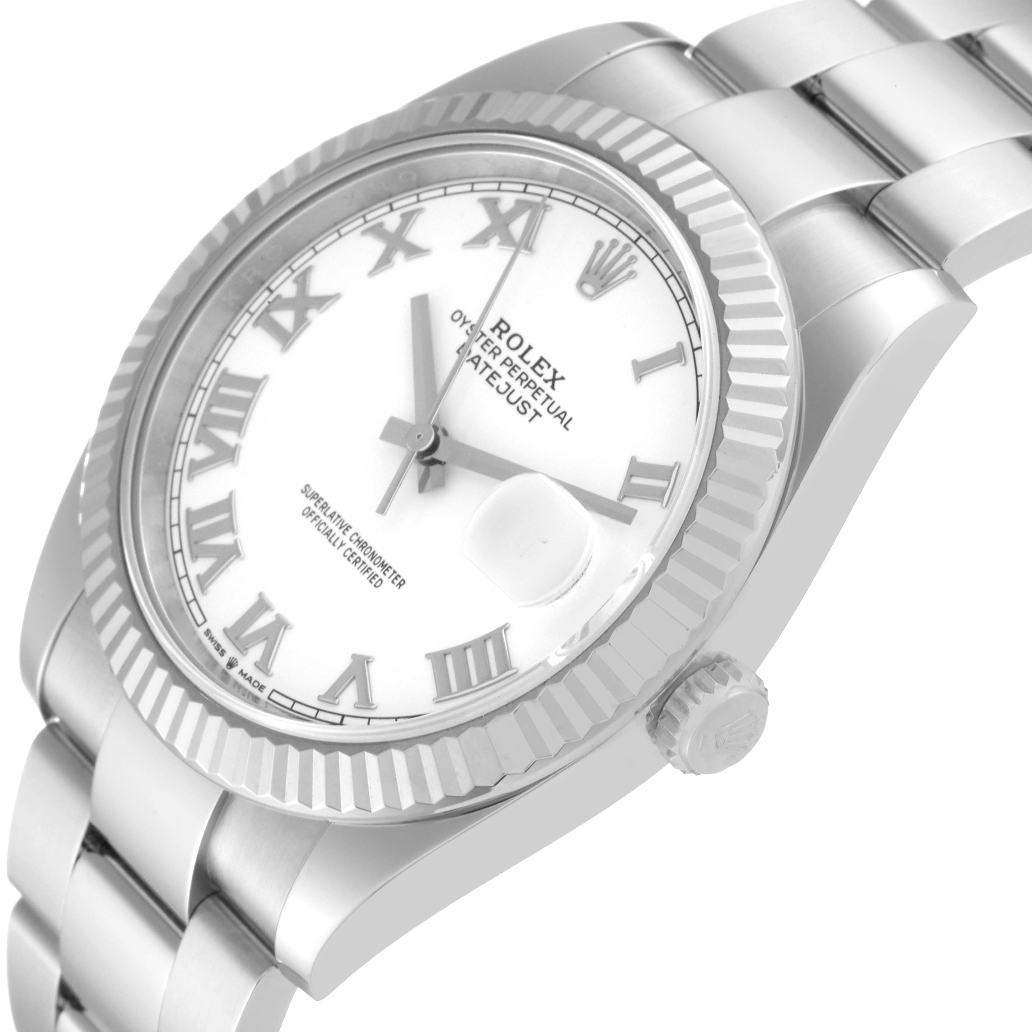 This image shows a side angle of the Rolex Datejust 41 126334 Men's Stainless Steel White Dial 126334 Men's Stainless Steel White Dial watch, highlighting its white dial, fluted bezel, and bracelet links.