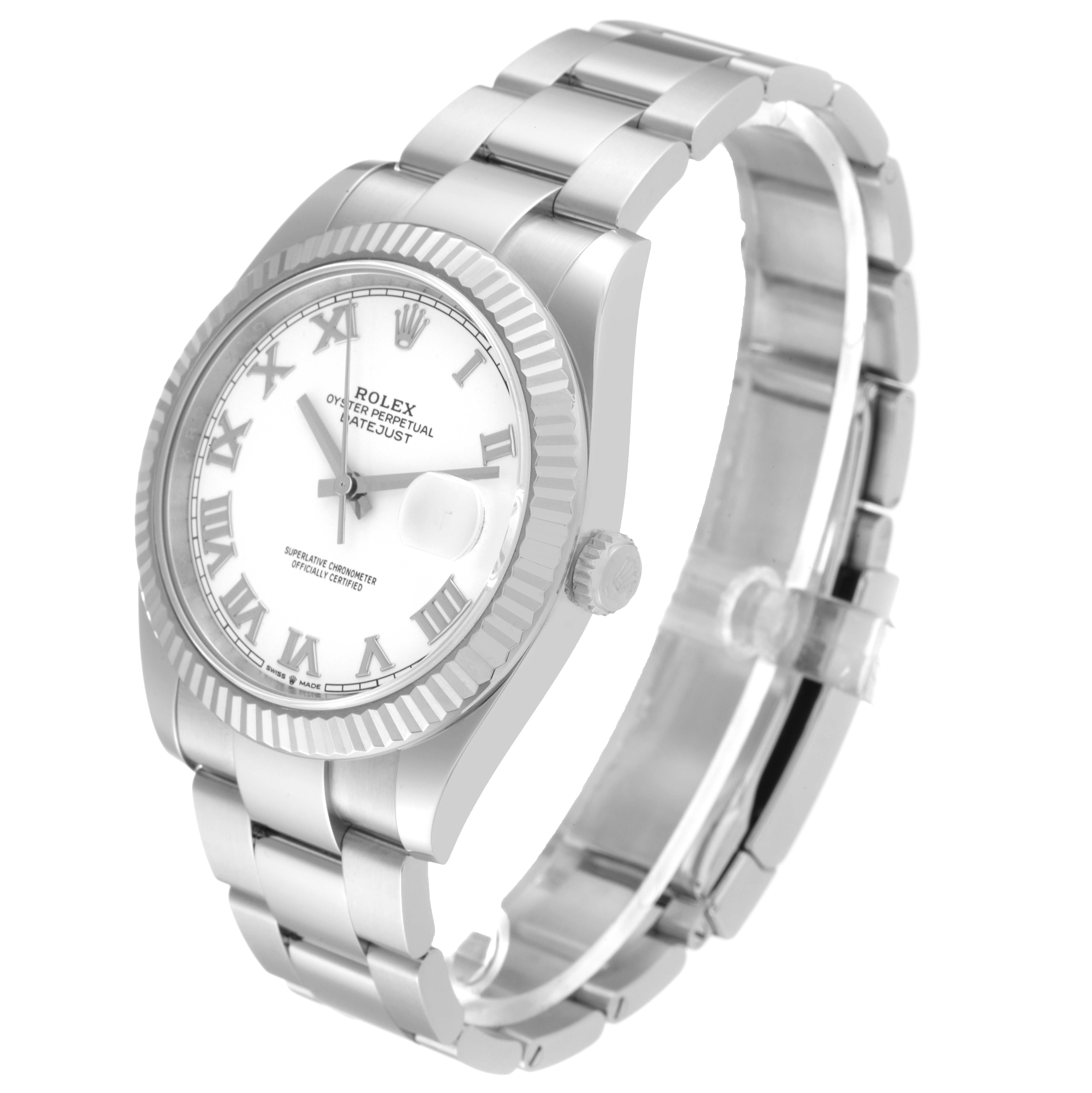 The image shows a Rolex Datejust 41 126334 Men's Stainless Steel White Dial 126334 Men's Stainless Steel White Dial watch at an angle that highlights the dial, bracelet, and fluted bezel.