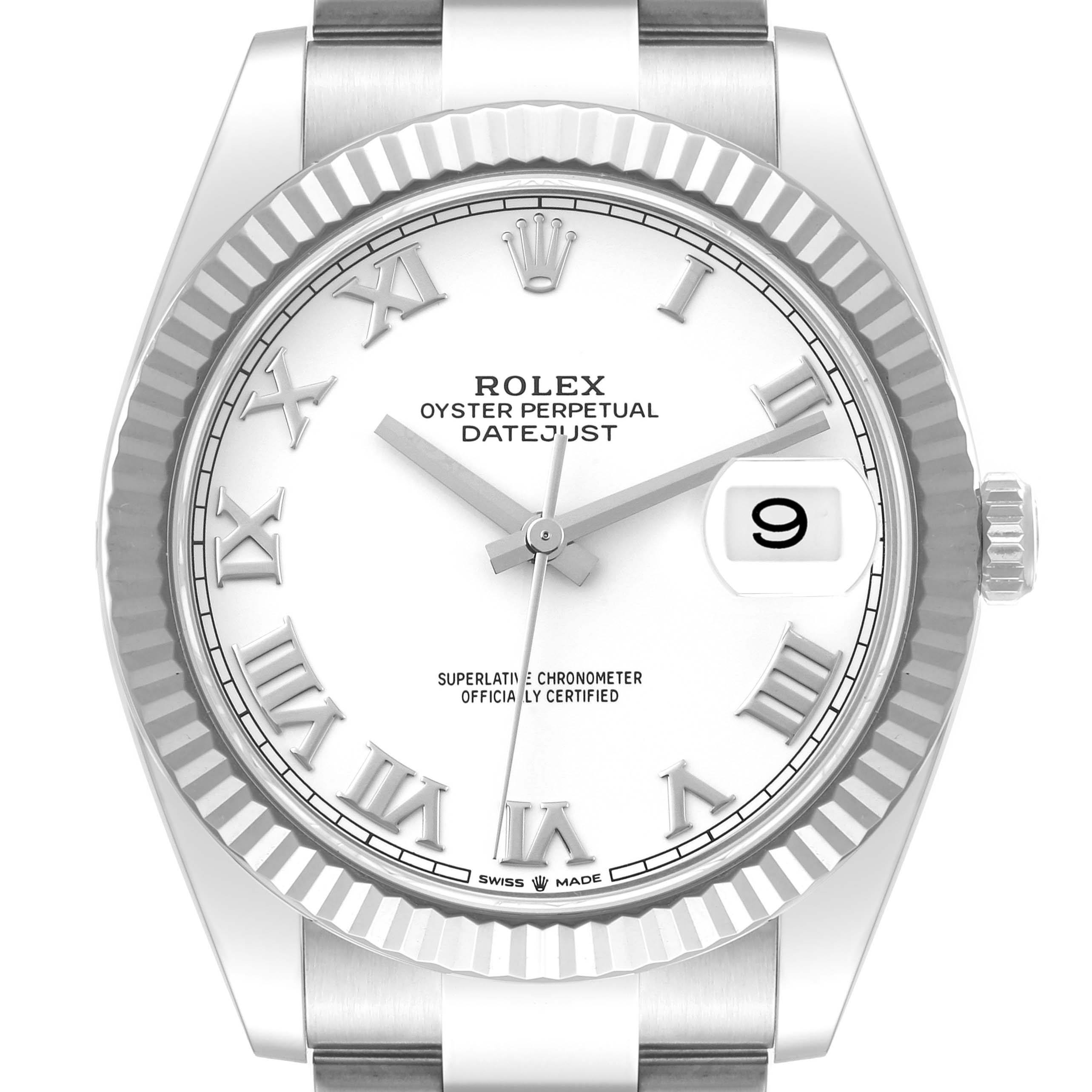 The image shows a front view of a Rolex Datejust 41 126334 Men's Stainless Steel White Dial 126334 Men's Stainless Steel White Dial watch, highlighting the dial, fluted bezel, crown, and bracelet.