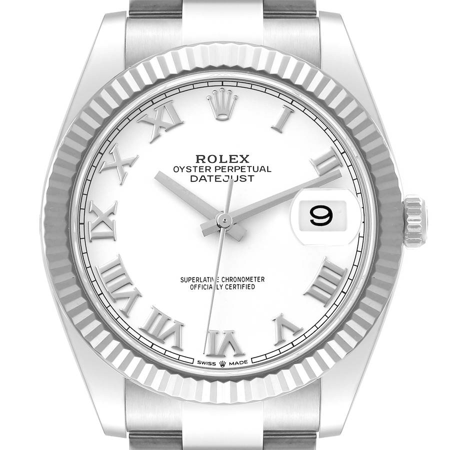 Rolex Datejust 41 Steel White Gold Roman Dial Mens Watch 126334 Box Card SwissWatchExpo