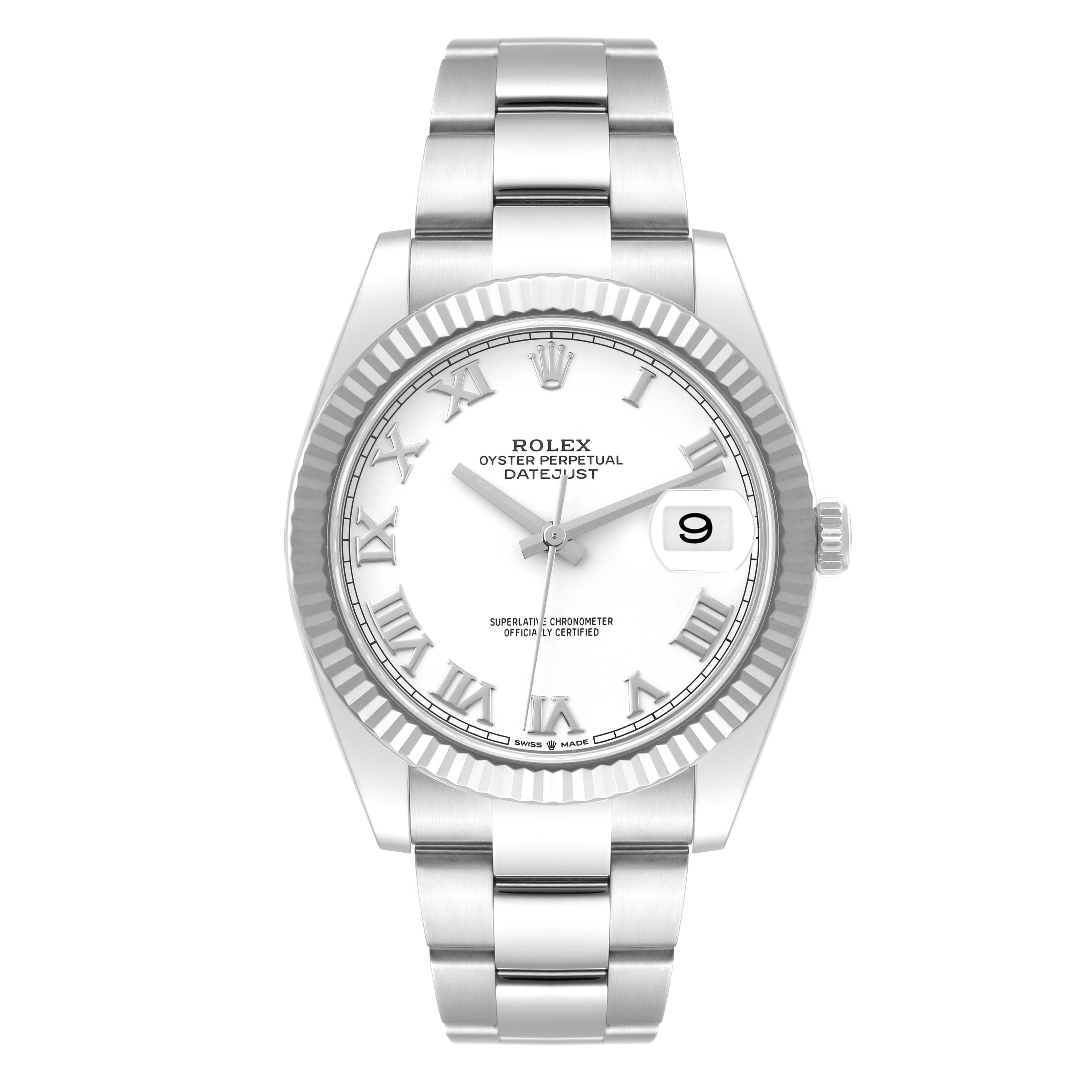 The image shows a front view of the Rolex Datejust 41 126334 Men's Stainless Steel White Dial 126334 Men's Stainless Steel White Dial watch, displaying its face, bezel, and part of the bracelet.