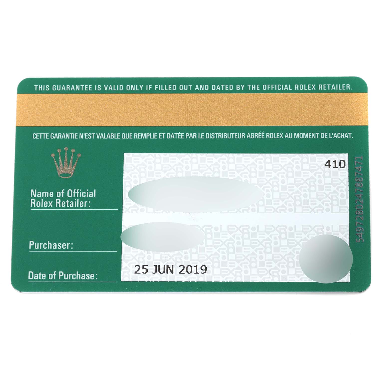 The image shows a warranty card for a Rolex Datejust 41 126334 Men's Stainless Steel White Dial 126334 Men's Stainless Steel White Dial model.