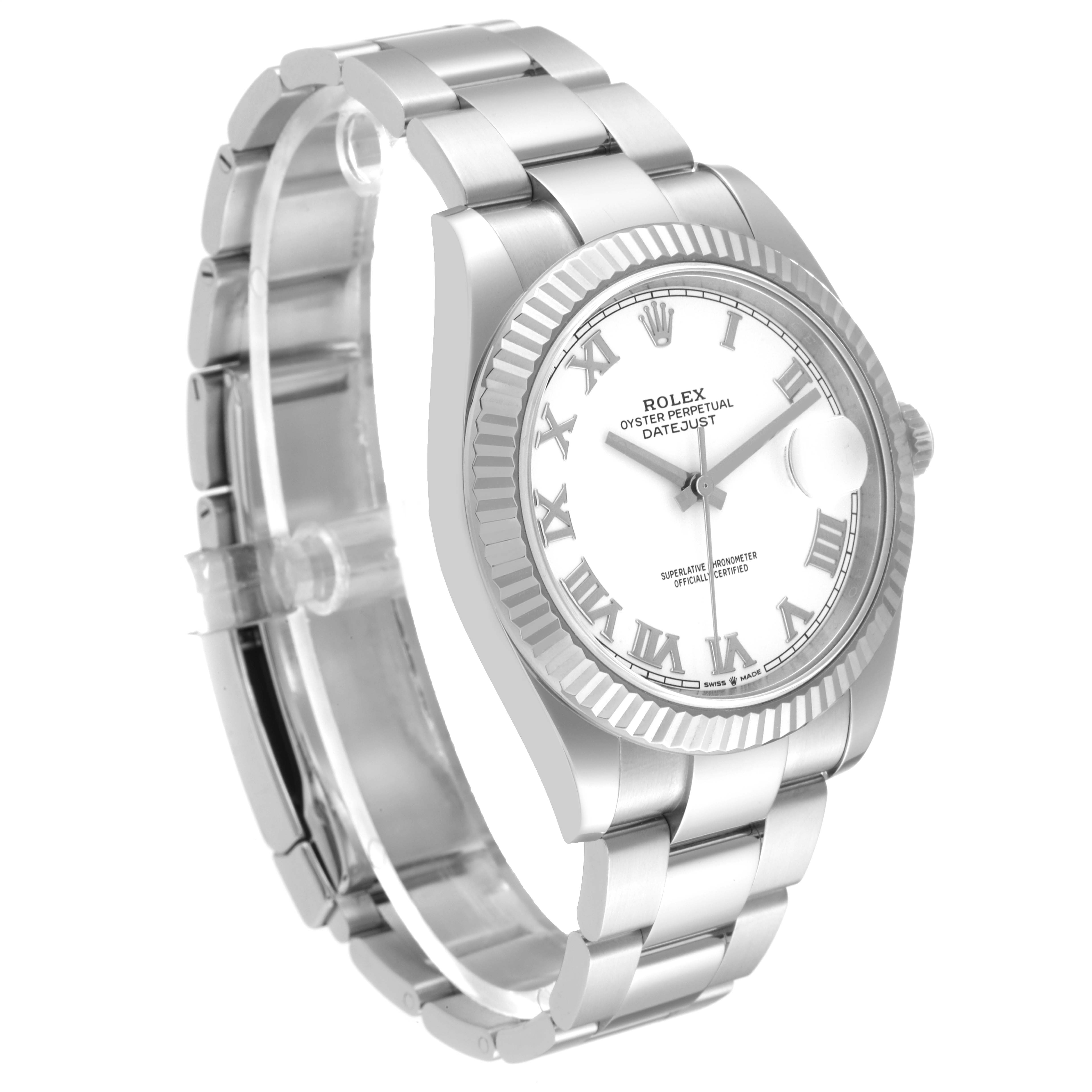 The image shows a Rolex Datejust 41 126334 Men's Stainless Steel White Dial 126334 Men's Stainless Steel White Dial watch from an angled side view, displaying the dial, bezel, case, and bracelet.
