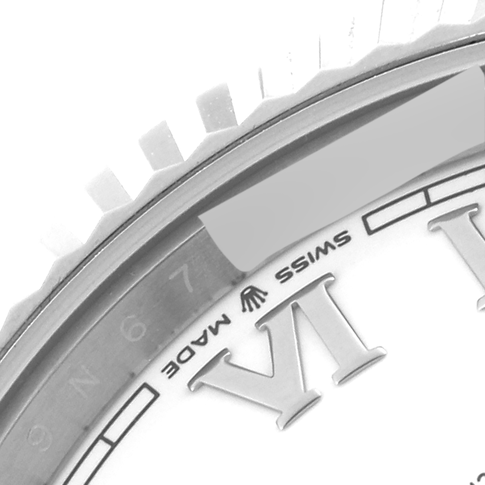 The image shows a close-up of the bezel, part of the flange, and dial with Roman numerals of a Rolex Datejust 41 126334 Men's Stainless Steel White Dial 126334 Men's Stainless Steel White Dial watch.