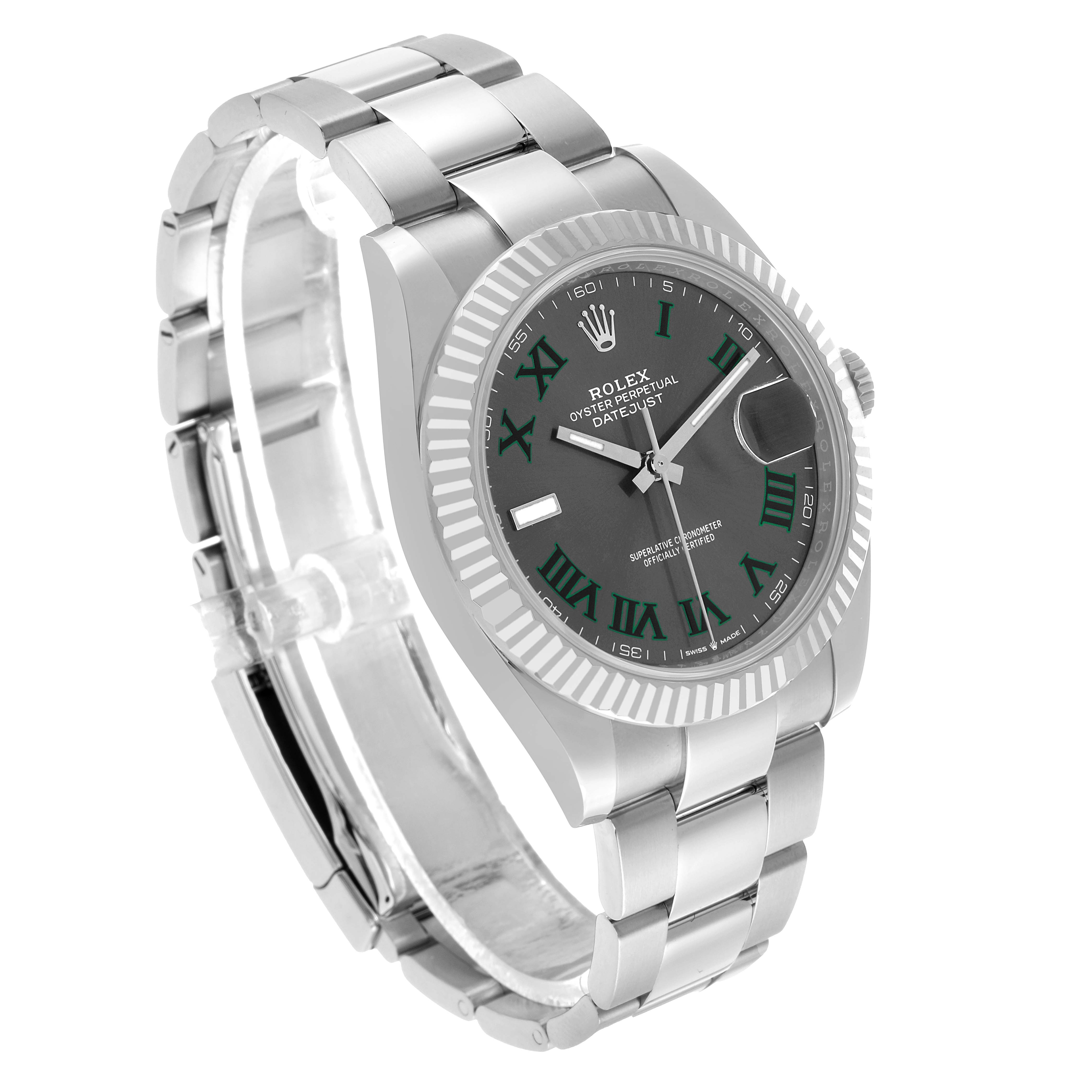 The image shows a Rolex Datejust 41 126334 Men's Stainless Steel Grey Dial watch angled to display the face, bezel, crown, and part of the bracelet.