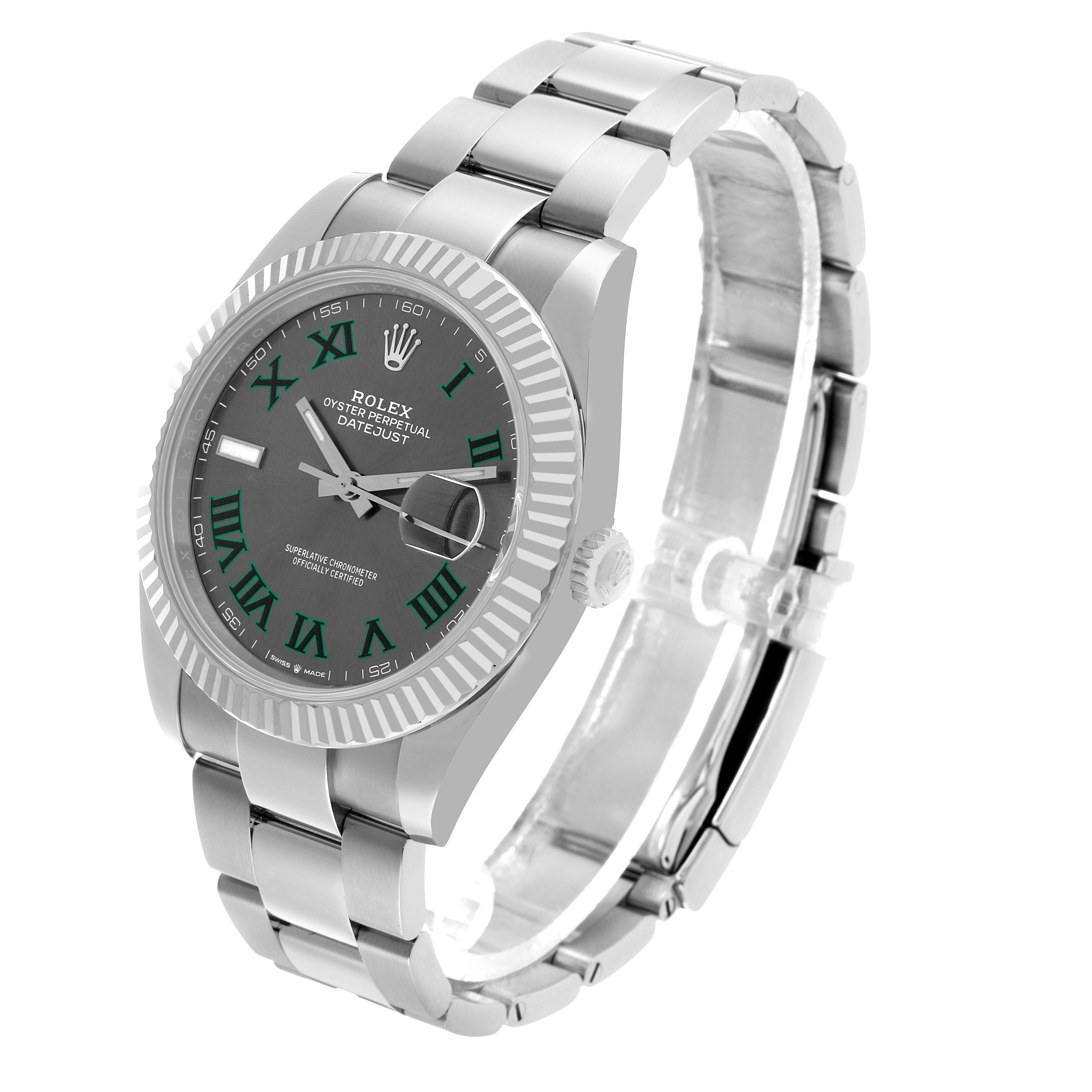 The Rolex Datejust 41 126334 Men's Stainless Steel Grey Dial is shown at a slight three-quarter angle, highlighting the face, bezel, and full bracelet.