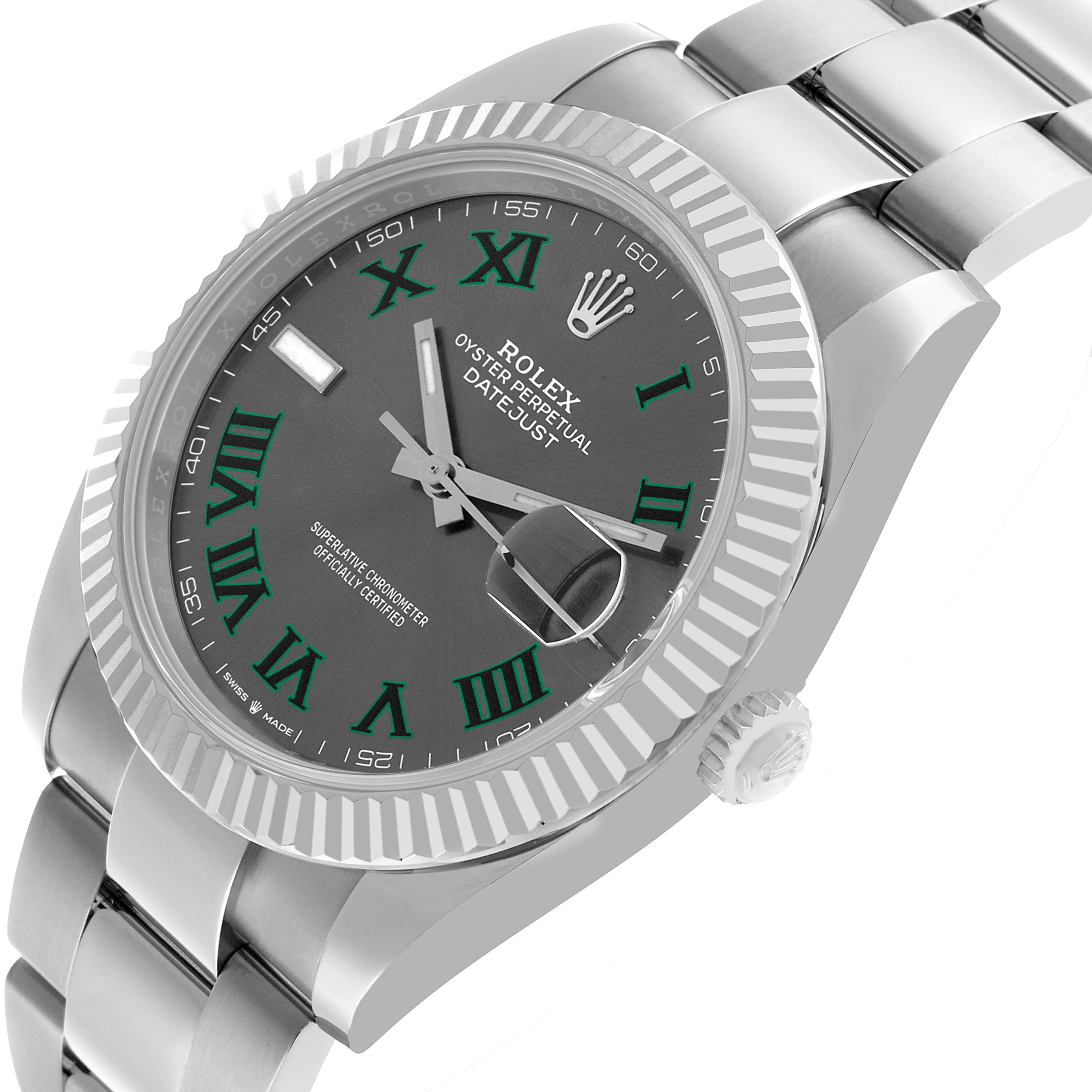 The Rolex Datejust 41 126334 Men's Stainless Steel Grey Dial watch is shown at an angled side view, highlighting the dial, bezel, crown, and bracelet links.