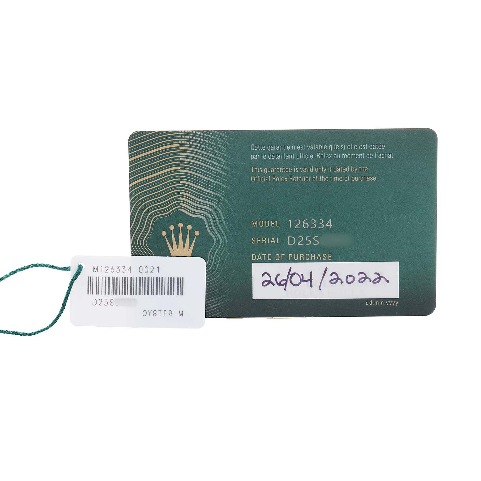 The image shows the warranty card and tag for a Rolex Datejust 41 126334 Men's Stainless Steel Grey Dial, model 126334, with purchase details.